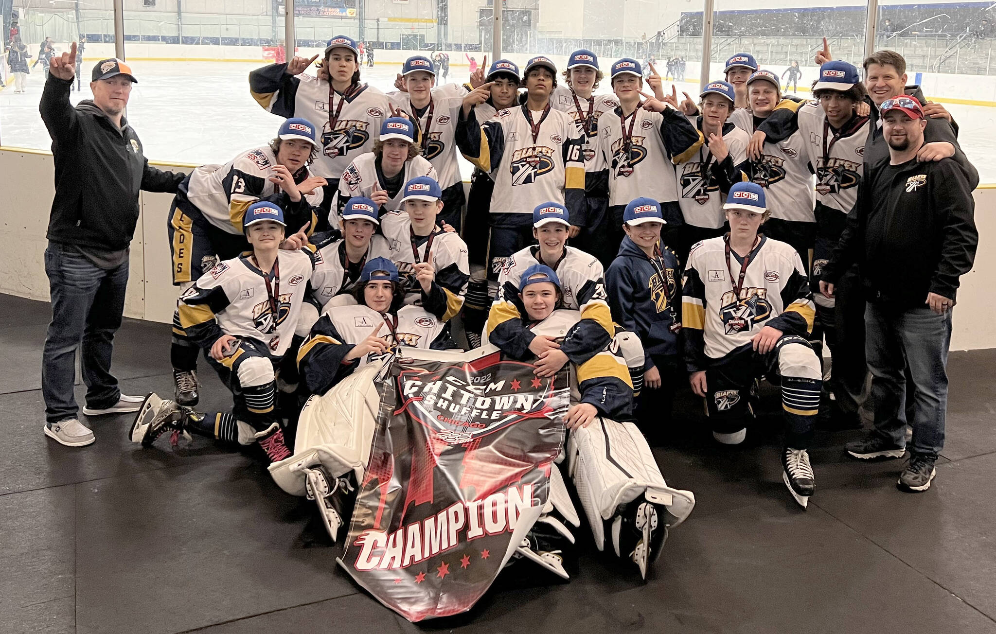 The Alaska Blades Under-14 AAA team celebrates after winning the CCM Chi-Town Shuffle from April 22 to 24, 2022, in Chicago. (Photo provided)