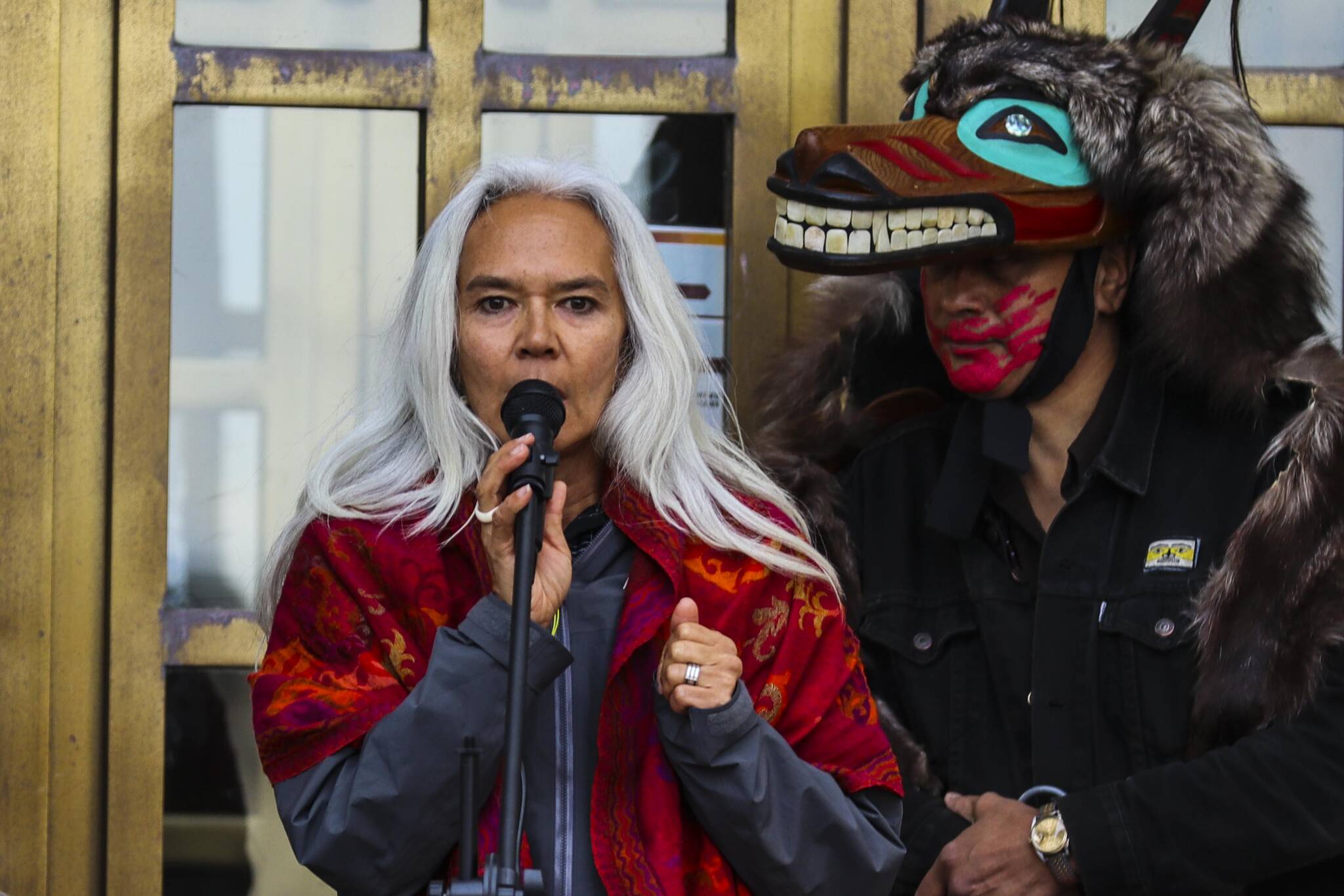 Anne Sears, the new lead investigator for the federally-funded Missing and Murdered Indigenous Persons Initiative, speaks during the annual rally at the Alaska State Capitol on May 5, 2022. (Michael S. Lockett / Juneau Empire)