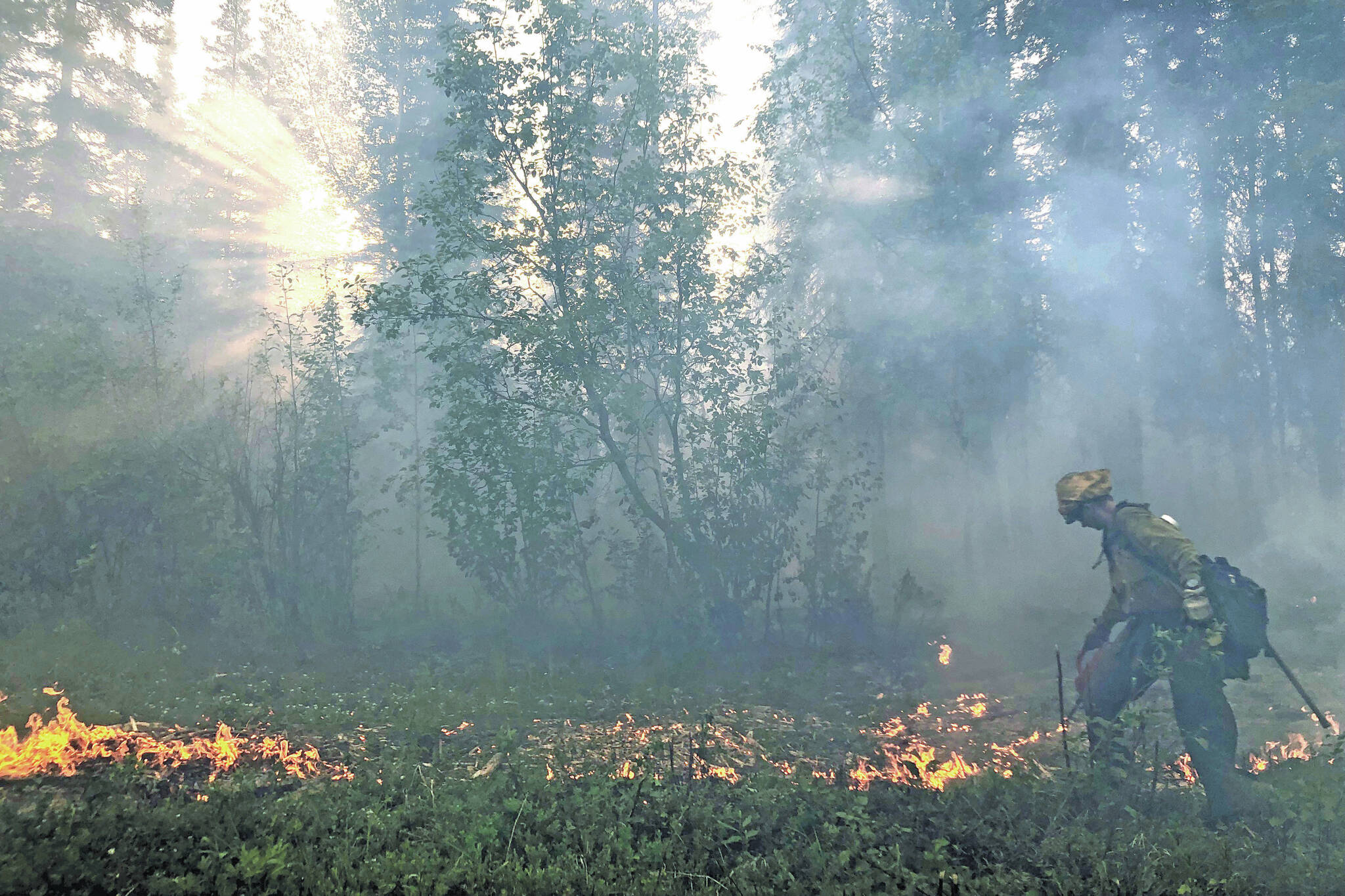 A member of the Gannet Glacier Type 2 Initial Attack Crew uses a drip torch during a burnout operation at the Swan Lake Fire on June 18, 2019. (Photo courtesy Alaska Division of Forestry)