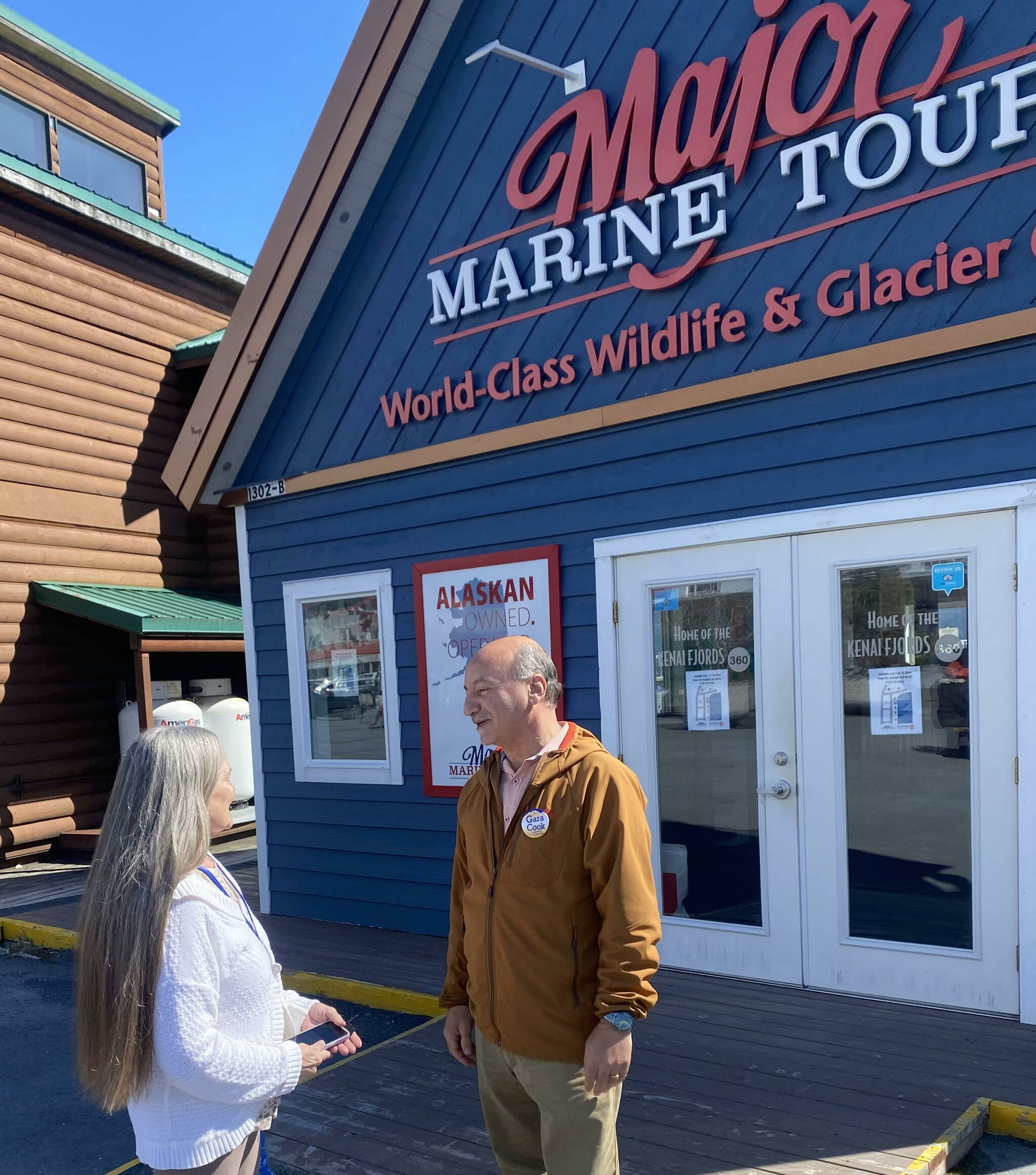 Alaska gubernatorial candidate Les Gara campaigns on Friday, May 6, 2022, in Seward, Alaska. (Photo by Nate Graham, courtesy of Les Gara)