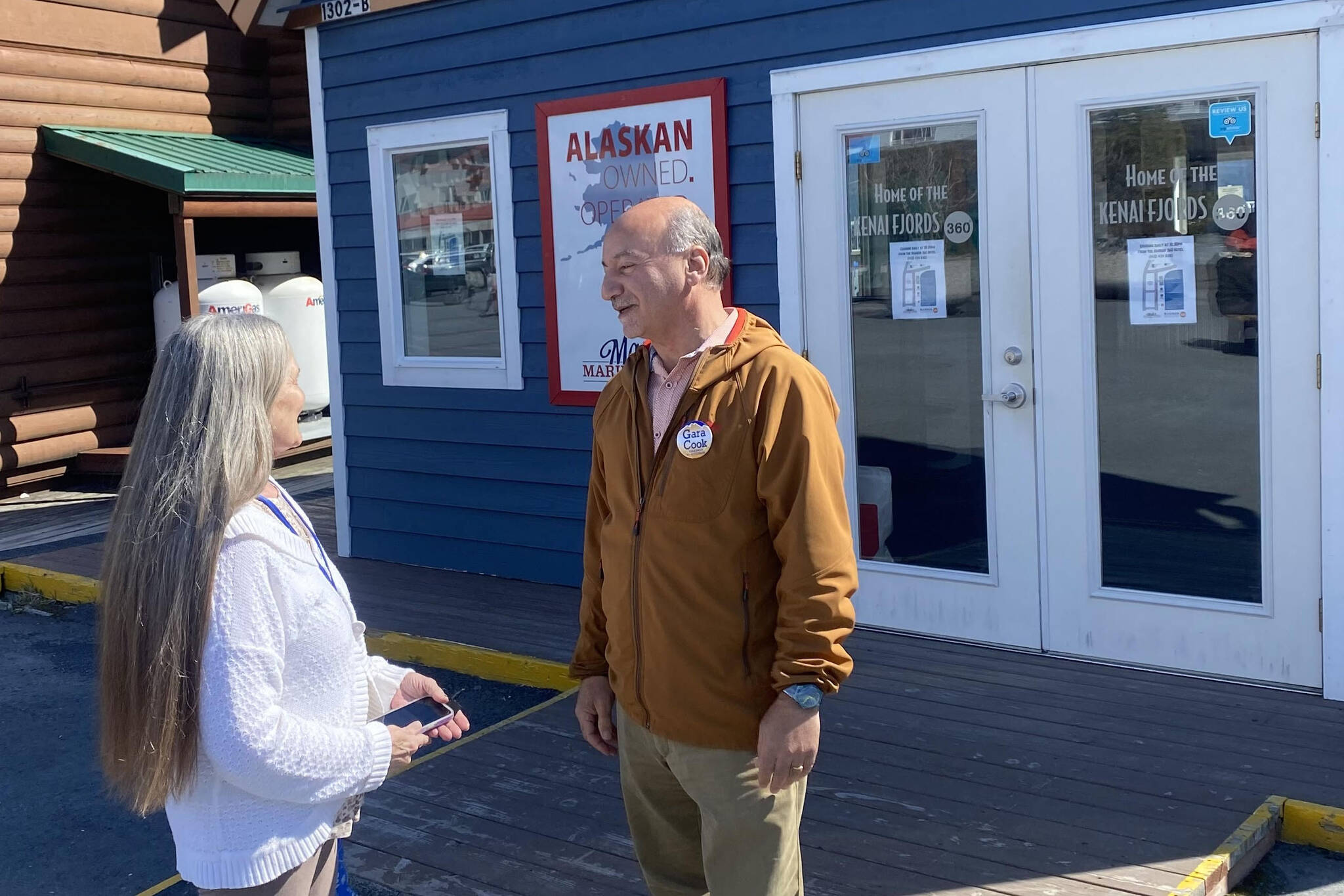Alaska gubernatorial candidate Les Gara campaigns on Friday, May 6, 2022, in Seward, Alaska. (Photo by Nate Graham, courtesy of Les Gara)