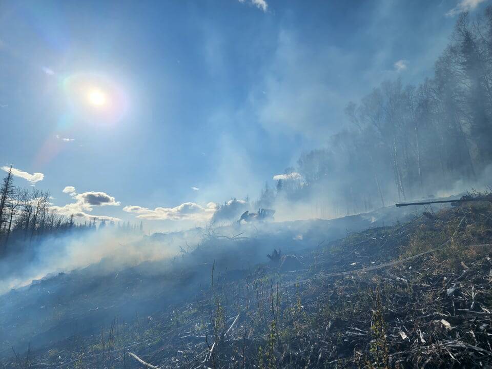 A wildfire burns near Milepost 46.5 of the Sterling Highway on Tuesday, May 10, 2022, near Cooper Landing, Alaska. (Photo courtesy Cooper Landing Emergency Services)