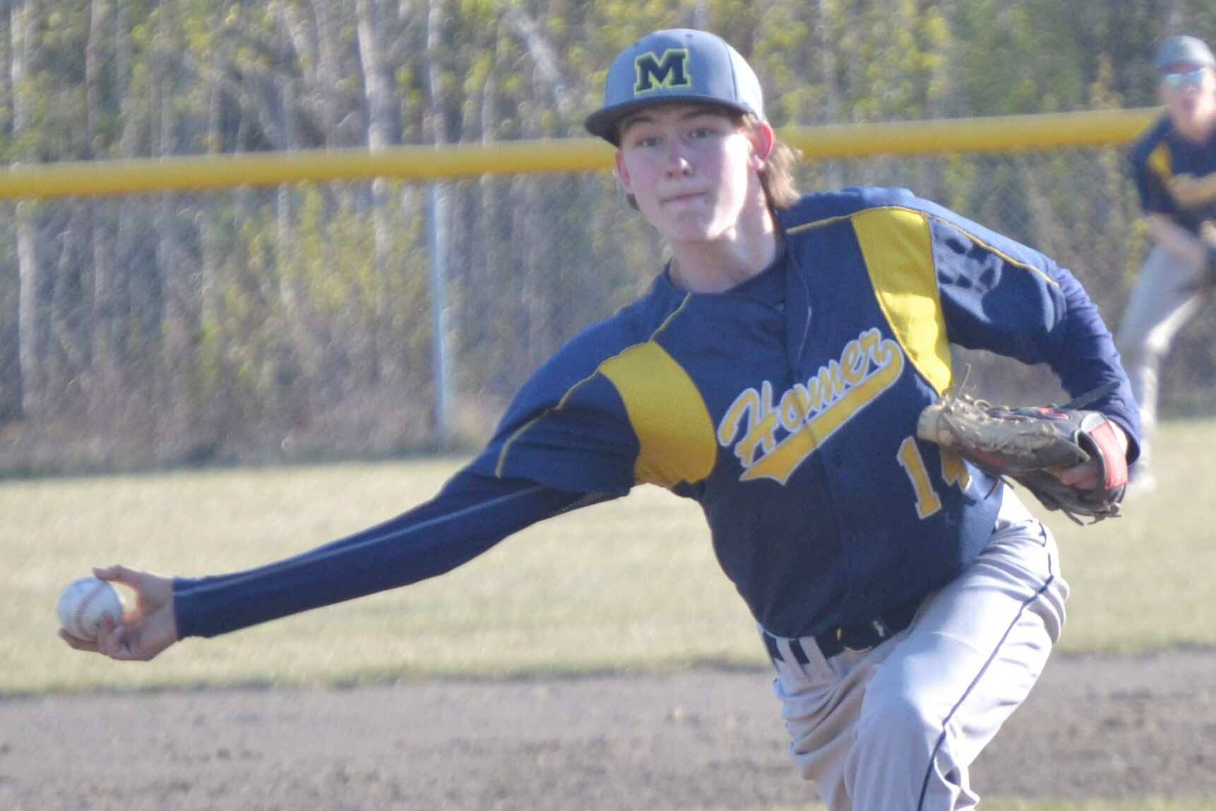 Homer's Malachi Raymond delivers to Soldotna on Tuesday, May 17, 2022, at the Soldotna Little League fields in Soldotna, Alaska. (Photo by Jeff Helminiak/Peninsula Clarion)