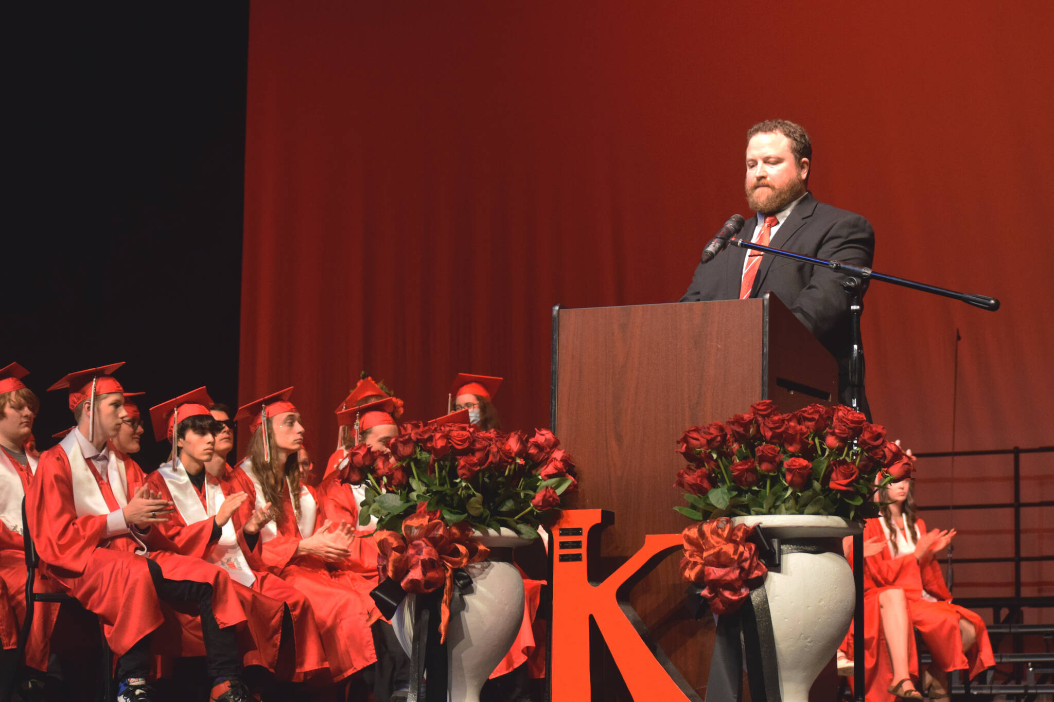 Kenai Central High School Assistant Principal Will Chervenak recognizes honor graduates during the school’s commencement ceremony on Tuesday, May 17, 2022, in Kenai, Alaska. (Ashlyn O’Hara/Peninsula Clarion)