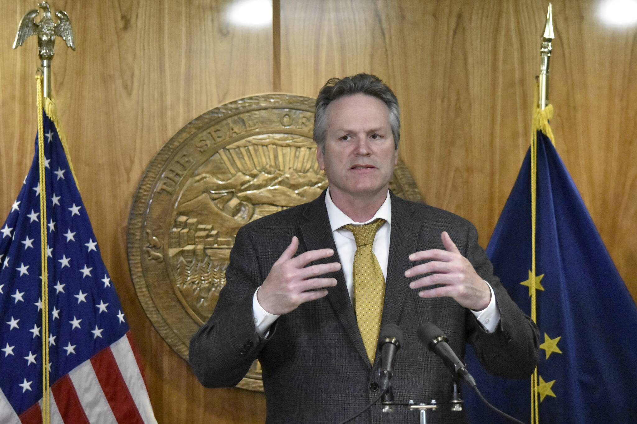 Peter Segall / Juneau Empire
Gov. Mike Dunleavy speaks with reporters Thursday about the state’s budget at the Alaska State Capitol. Dunleavy said lawmakers had sent a complete budget, and that there was no need for a special session.