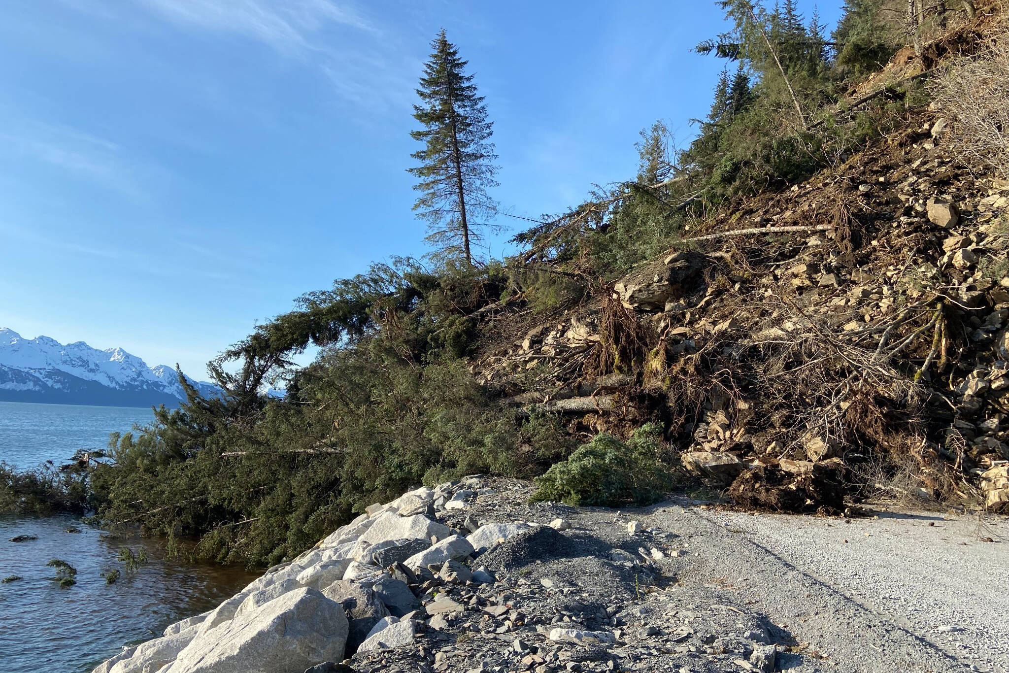 A landslide blocks Lowell Point Road in Seward, Alaska, on Sunday, May 8, 2022. (Photo courtesy City of Seward)