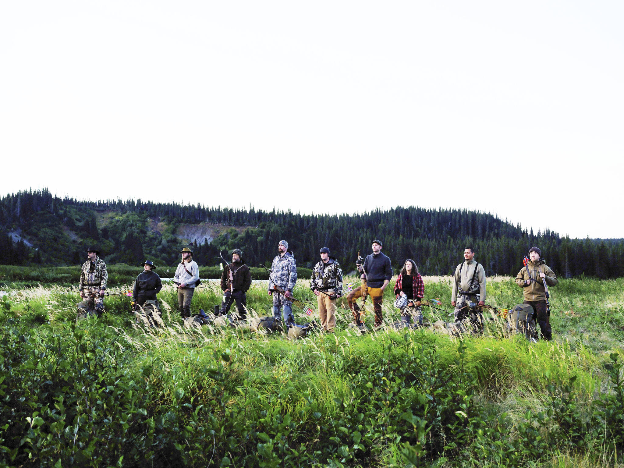 The 10 participants in season 9 of “Alone,” premiering on May 26, 2022, on the History Channel. Terry Burns of Homer is the fifth from left. Another Alaskan in the series, Jacques Tourcotte of Juneau, is third from left. (Photo by Brendan George Ko/History Channel)