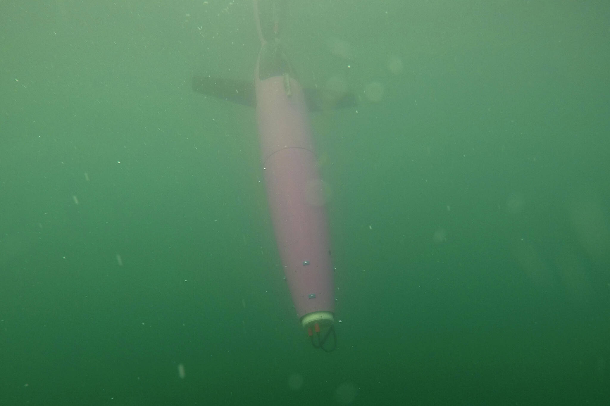 This April 28, 2022, photo provided by Andrew McDonnell shows an underwater glider in the Gulf of Alaska. The glider was fitted with a special sensor that will collect an enormous amount of data to study ocean acidification. (Andrew McDonnell via AP)