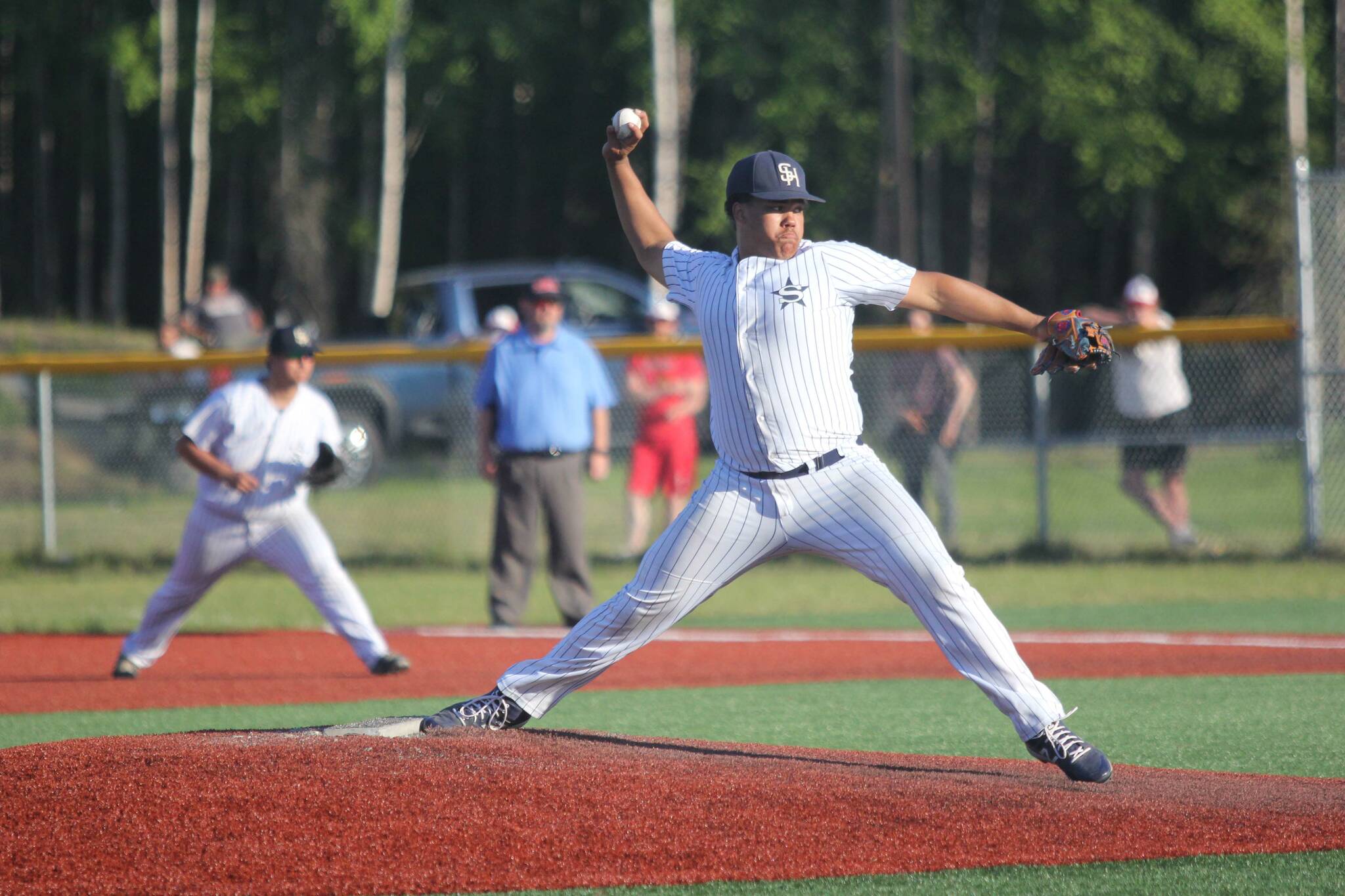 Soldotna starter Atticius Gibson fires a pitch during Palmer's 5-1 win over Soldotna during the Southcentral Conference title game Friday, May 27, 2022, at Redington Jr./Sr. High School in Wasilla, Alaska. (Photo by Jeremiah Bartz/Frontiersman)