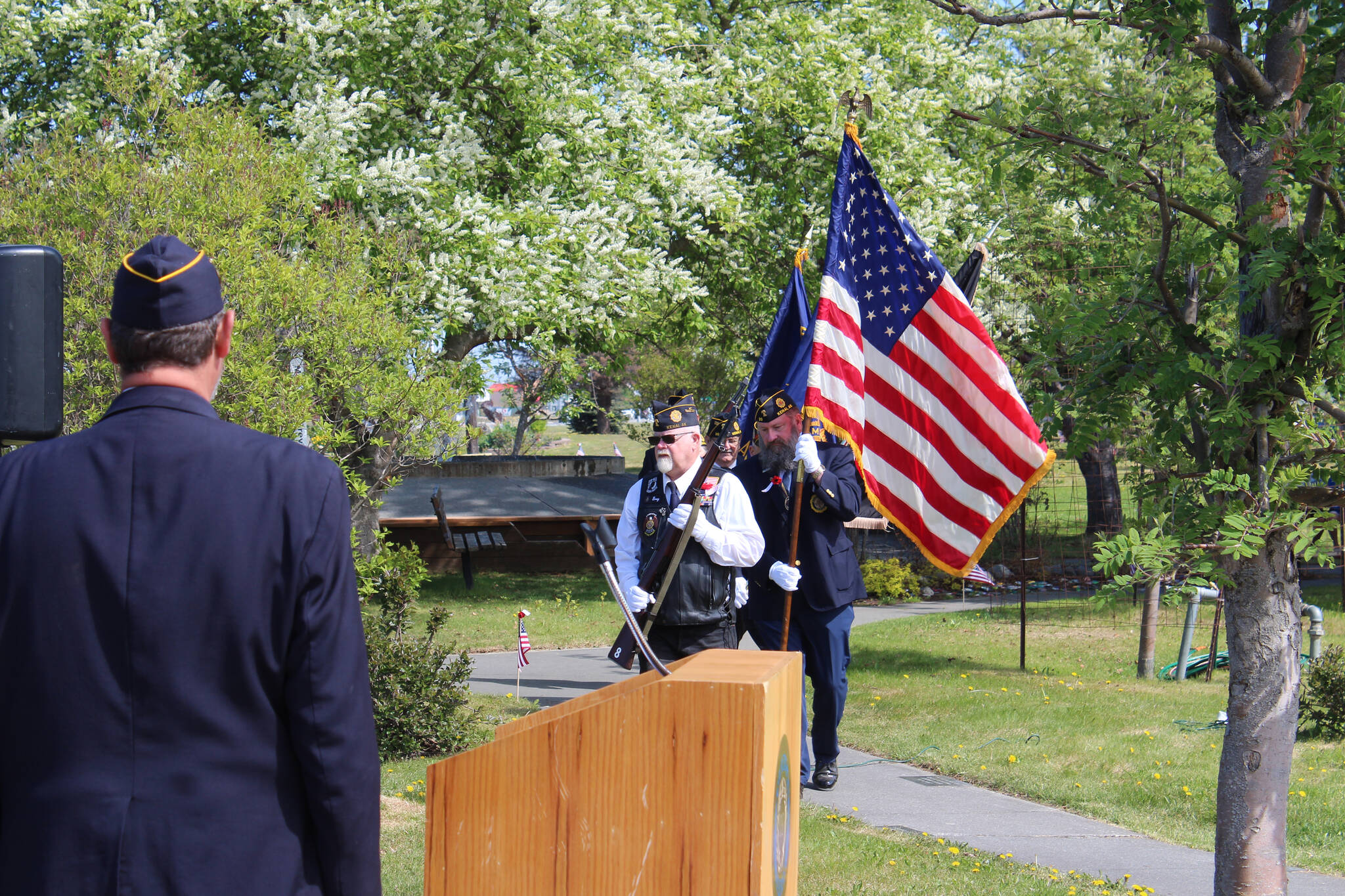 Local veterans participate in the Memorial Day ceremony at Leif Hansen Memorial Park in Kenai, Alaska, on Monday, May 30, 2022. (Camille Botello/Peninsula Clarion)