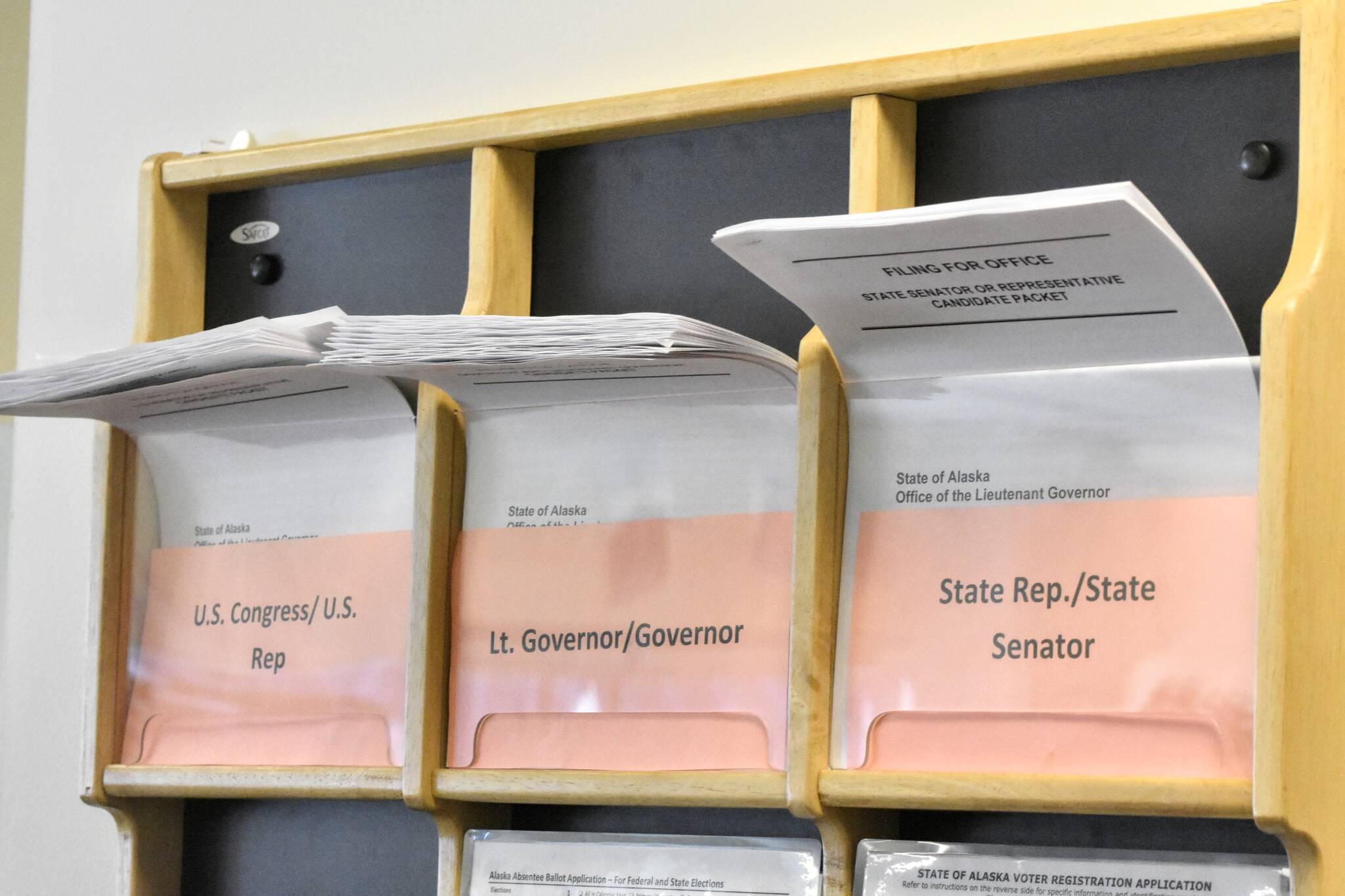 Forms to run for state office are available at the Alaska Division of Elections' offices in Juneau on Wednesday, June 1, 2022, the deadline for potential candidates to file. The state's new voting system has led to a large number of Alaskans running for office this year. (Peter Segall / Juneau Empire)