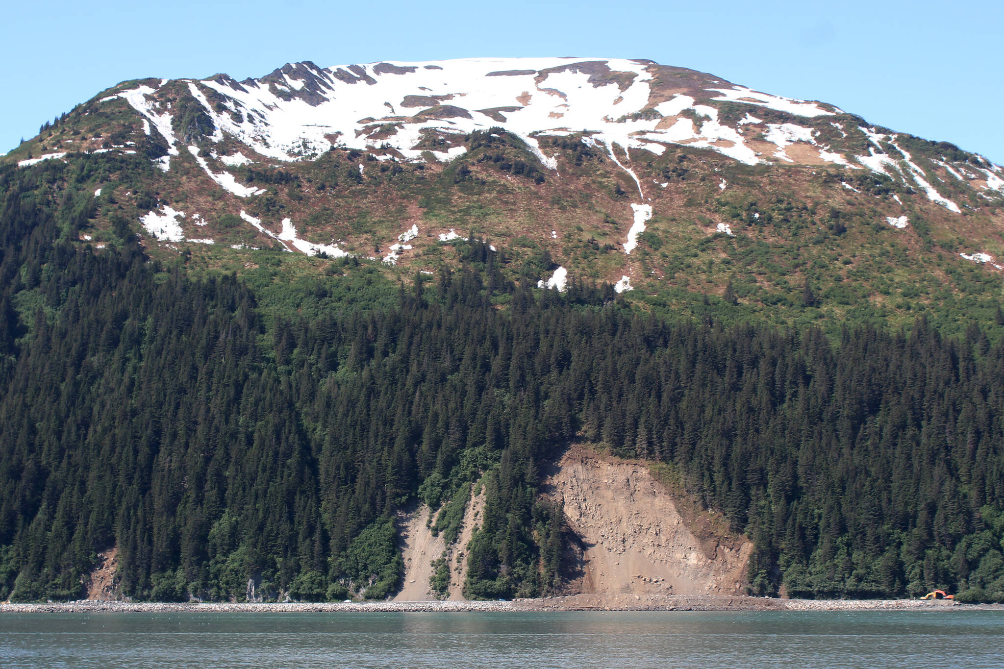 Landslide debris surrounds part of Lowell Point Road on Friday, June 3, 2022, in Seward, Alaska. (Ashlyn O’Hara/Peninsula Clarion)