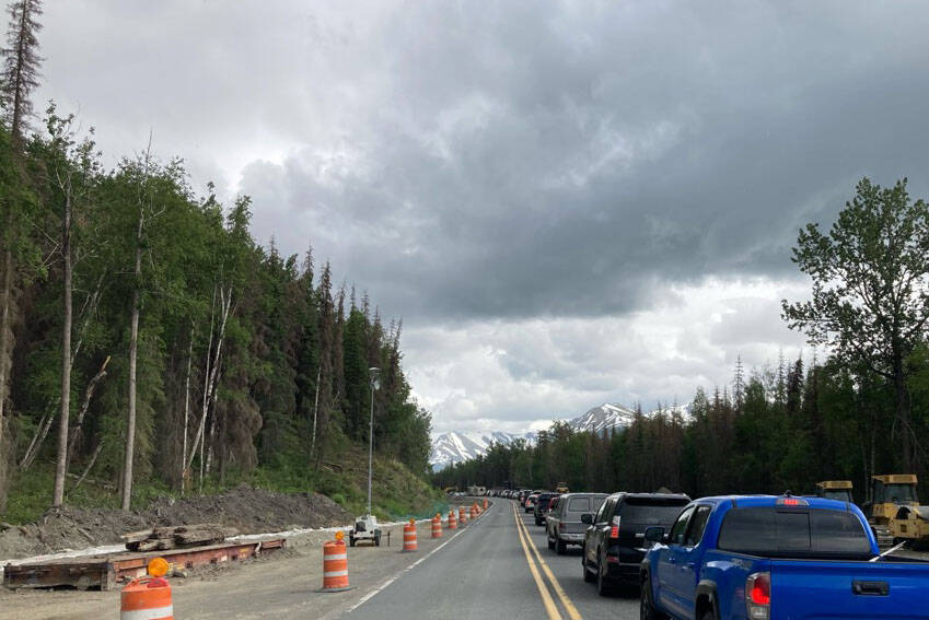 Traffic is backed up on the Sterling Highway following a vehicle collision on Thursday, June 9, 2022, near Cooper Landng, Alaska. (Photo by Camille Botello/Peninsula Clarion)