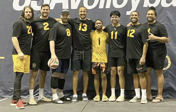 Members of the AK Dippers, Justin Bakk, Taylor Herrington, Luke Baumer, Adam Segura, Ariel Downer, Roman Custodio, Jordan Tauaefa and Pate Ofiu, pose at the 2022 USA Volleyball Open National Championship in Orlando, Florida. The event was held from May 27 to June 1. The AK Dippers tied for 41st in the Men's B Division and were fifth in the Flight 3 bracket. (Photo provided)