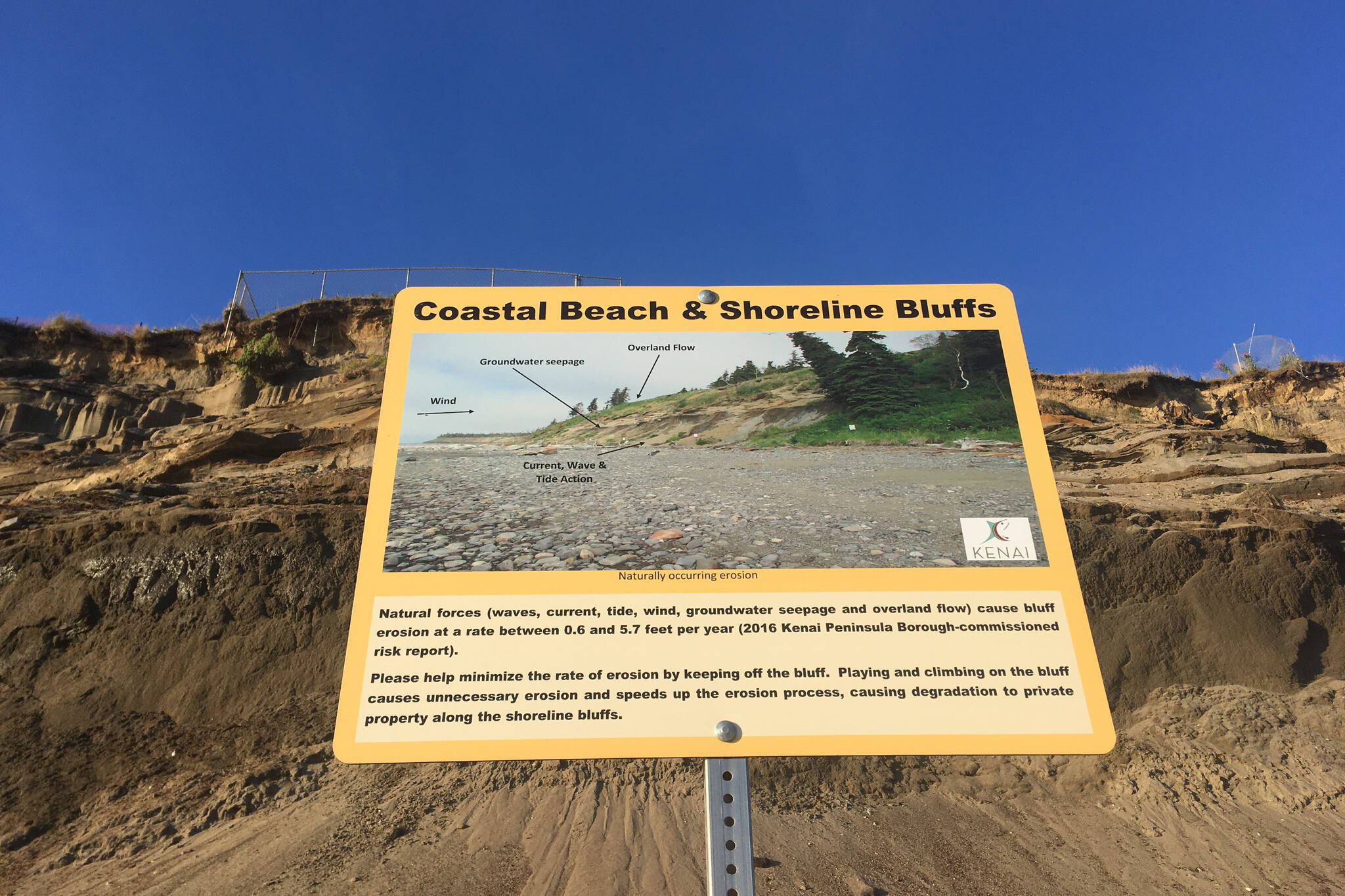 A sign describing bluff erosion is seen on Kenai North Beach in Kenai, Alaska, on Aug. 6, 2020. (Photo by Jeff Helminiak/Peninsula Clarion)