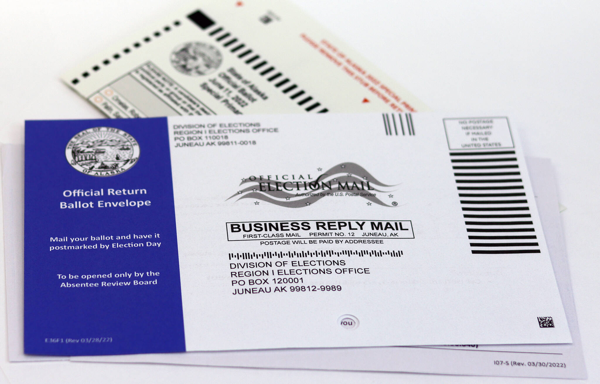 This photo shows a ballot and return envelope for the special primary election for Alaska’s lone seat in the U.S. House of Representatives. Ballots must be postmarked by June 11. (Ben Hohenstatt / Juneau Empire File)