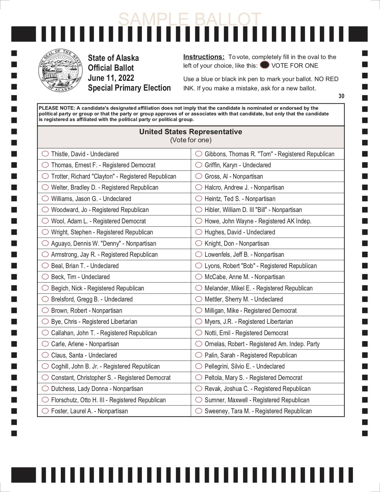 A sample special primary ballot. (Courtesy Alaska Division of Elections)
A sample special primary ballot. (Courtesy Alaska Division of Elections)