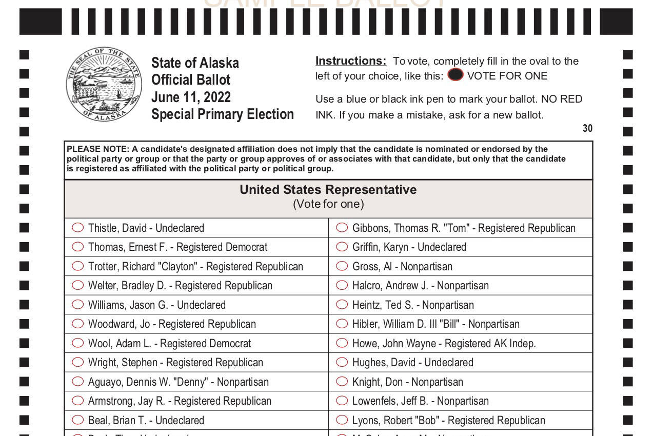 A sample special primary ballot. (Courtesy Alaska Division of Elections)