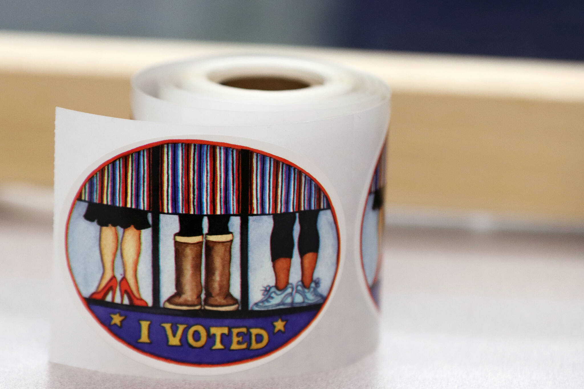 A roll of “I voted” stickers await voters on Saturday, June 11, 2022, at the Alaska Division of Elections office in Juneau. (Ben Hohenstatt/Juneau Empire)