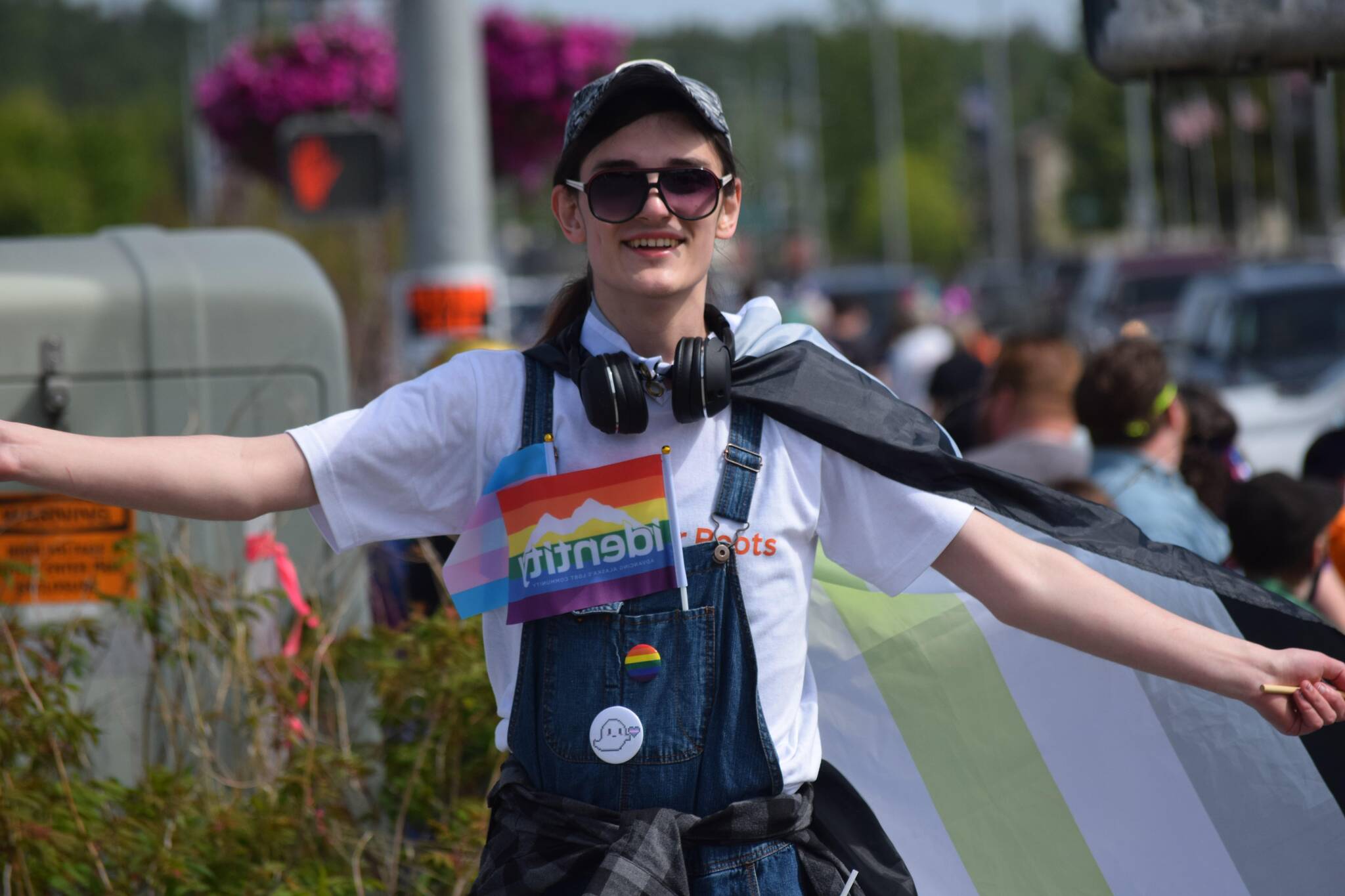 A group spanning the length of five blocks marches in downtown Soldotna, Alaska, to celebrate Pride Month on Saturday, June 12, 2021. (Camille Botello / Peninsula Clarion)