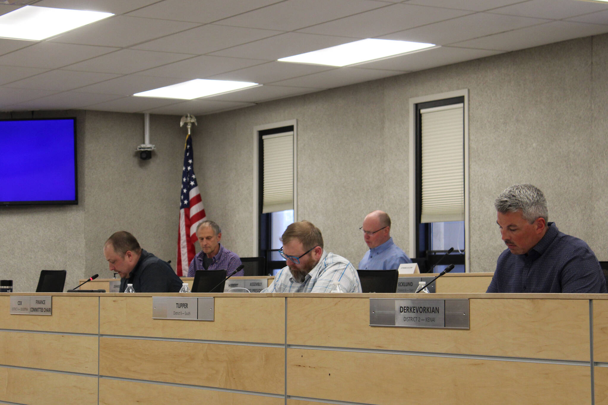 Tyson Cox, left, speaks during a meeting of the Kenai Peninsula Borough Assembly on Tuesday, April 19, 2022, in Soldotna, Alaska. (Ashlyn O’Hara/Peninsula Clarion)