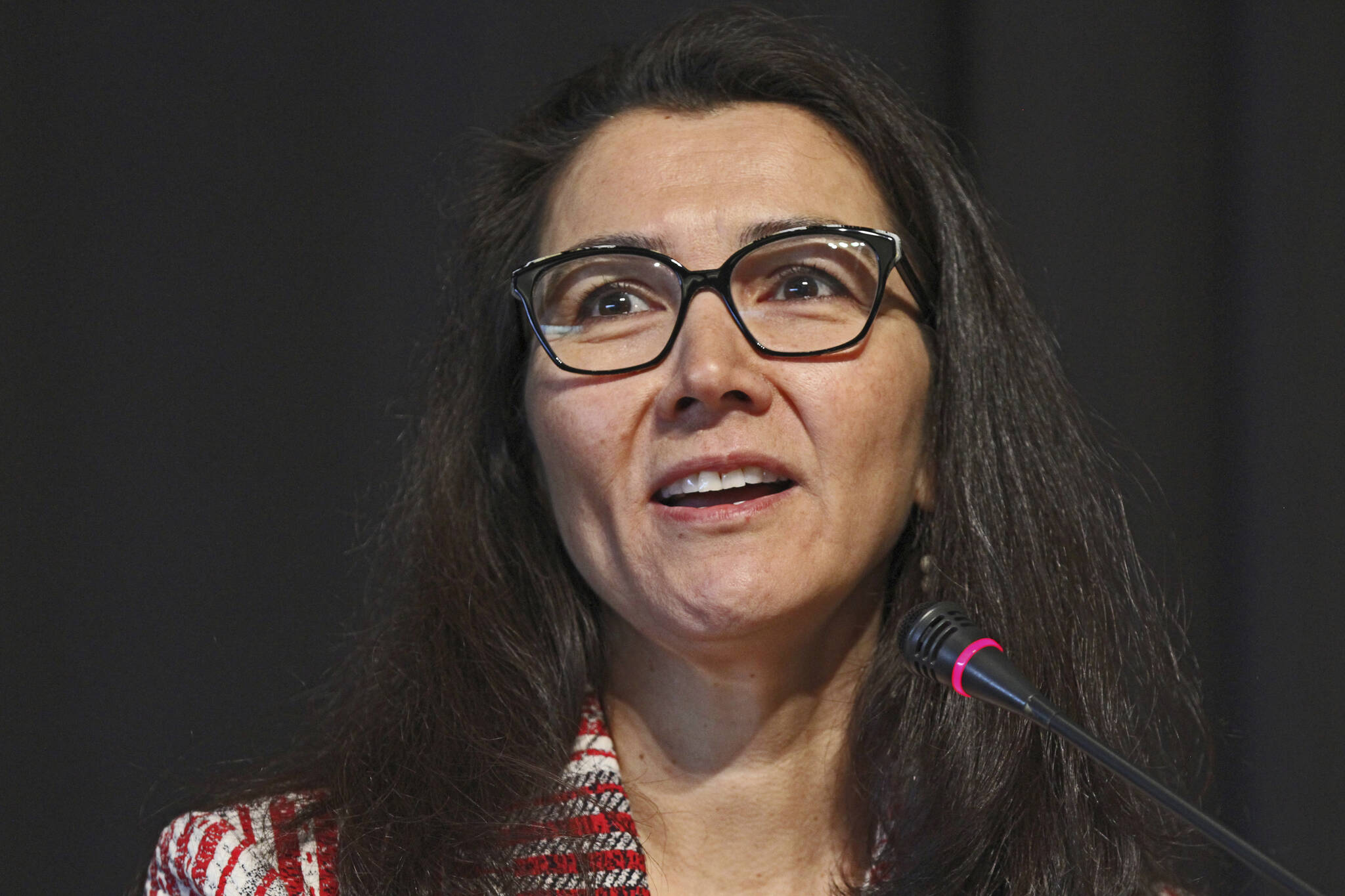 Mary Peltola, a Democrat seeking the sole U.S. House seat in Alaska, speaks during a forum for candidates, Thursday, May 12, 2022, in Anchorage, Alaska. Christopher Constant plans to withdraw as a candidate for the August primary for Alaska’s U.S. House seat and support Peltola. (AP Photo/Mark Thiessen, File)