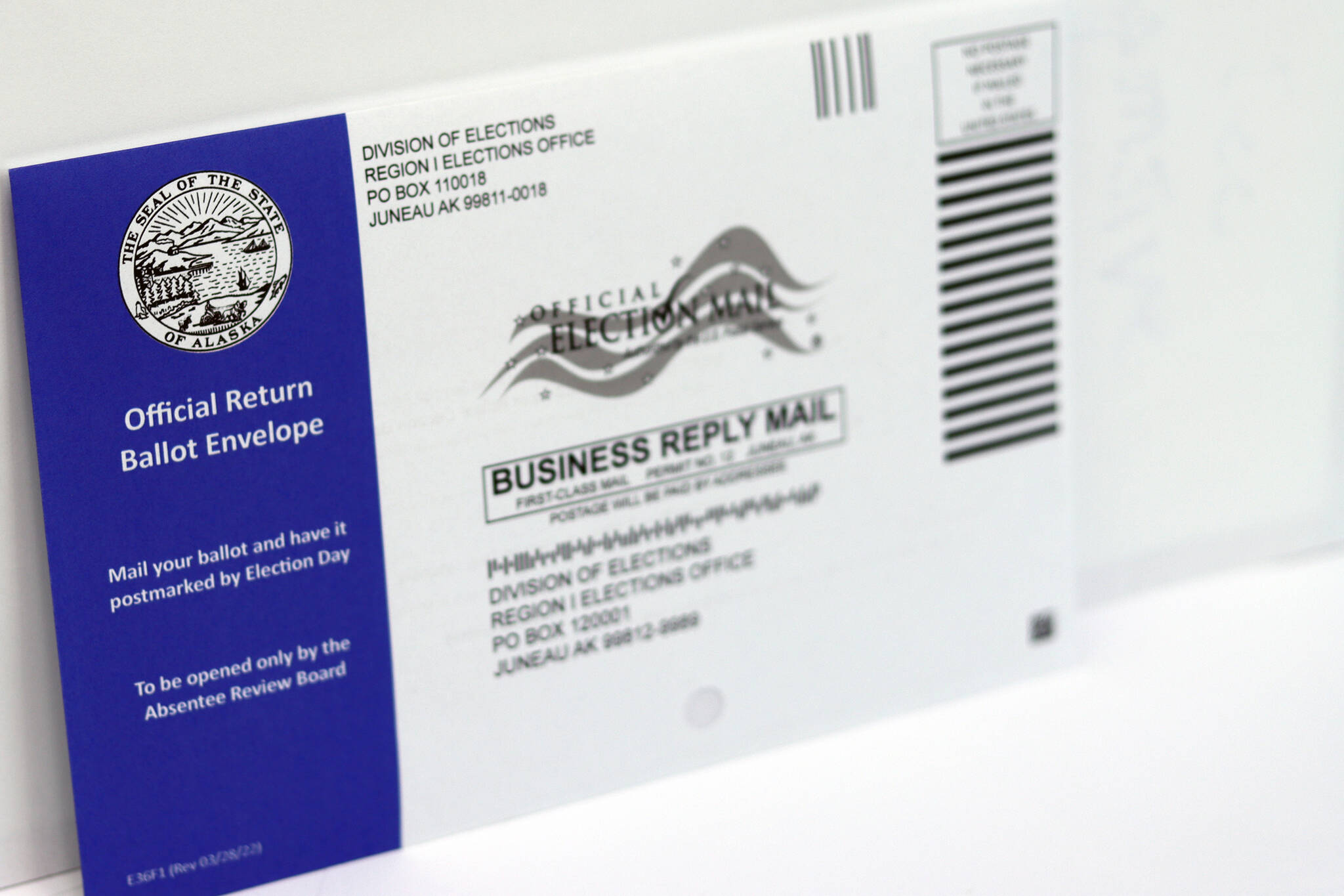 This photo shows a return envelop for 2022 special primary. (Ben Hohenstatt / Juneau Empire File)