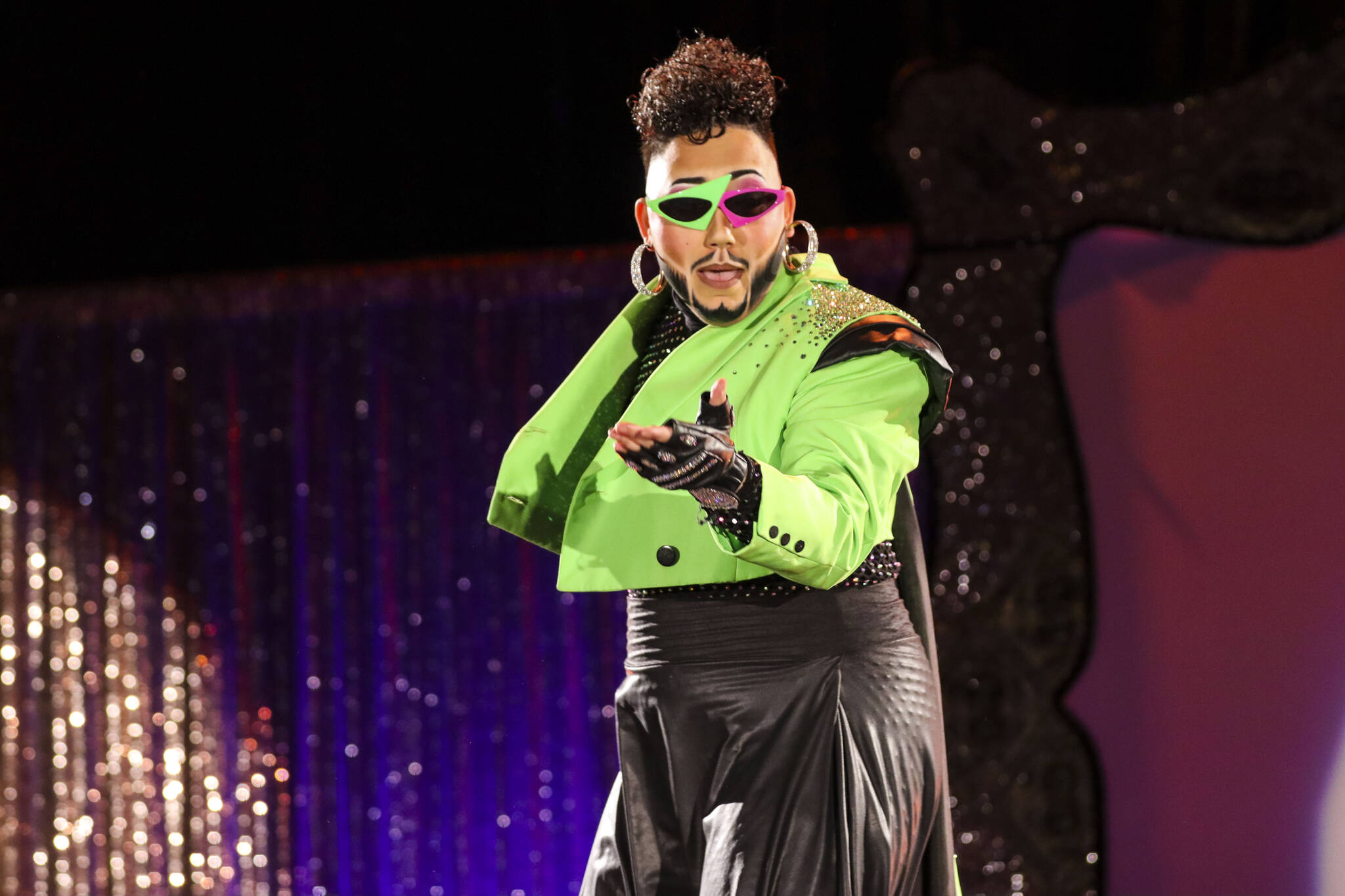 Tenderoni, one of the headliners, performs at at Glitz, a major annual drag event celebrated every Pride Month, at Centennial Hall on June 18, 2022. (Michael S. Lockett / Juneau Empire)