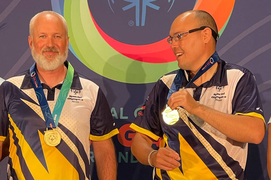 Sam Eason, left, and Josh Delie celebrate their medals at the 2022 Special Olympics USA Games in Orlando, Florida. The pair won gold for unified bocce at the competition. (Photo courtesy of Sam Eason)
Sam Eason, left, and Josh Delie celebrate their medals at the 2022 Special Olympics USA Games in Orlando, Florida. The pair won gold for unified bocce at the competition. (Photo courtesy of Sam Eason)