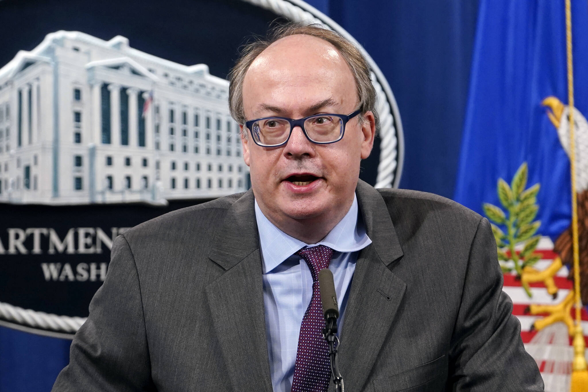 Jeffrey Clark, then-Assistant Attorney General for the Environment and Natural Resources Division, speaks during a news conference at the Justice Department in Washington, on Sept. 14, 2020. Federal agents have searched the Virginia home of the Trump-era Justice Department official who championed efforts by President Donald Trump to overturn the results of the 2020 election. (AP Photo/Susan Walsh, Pool, File)