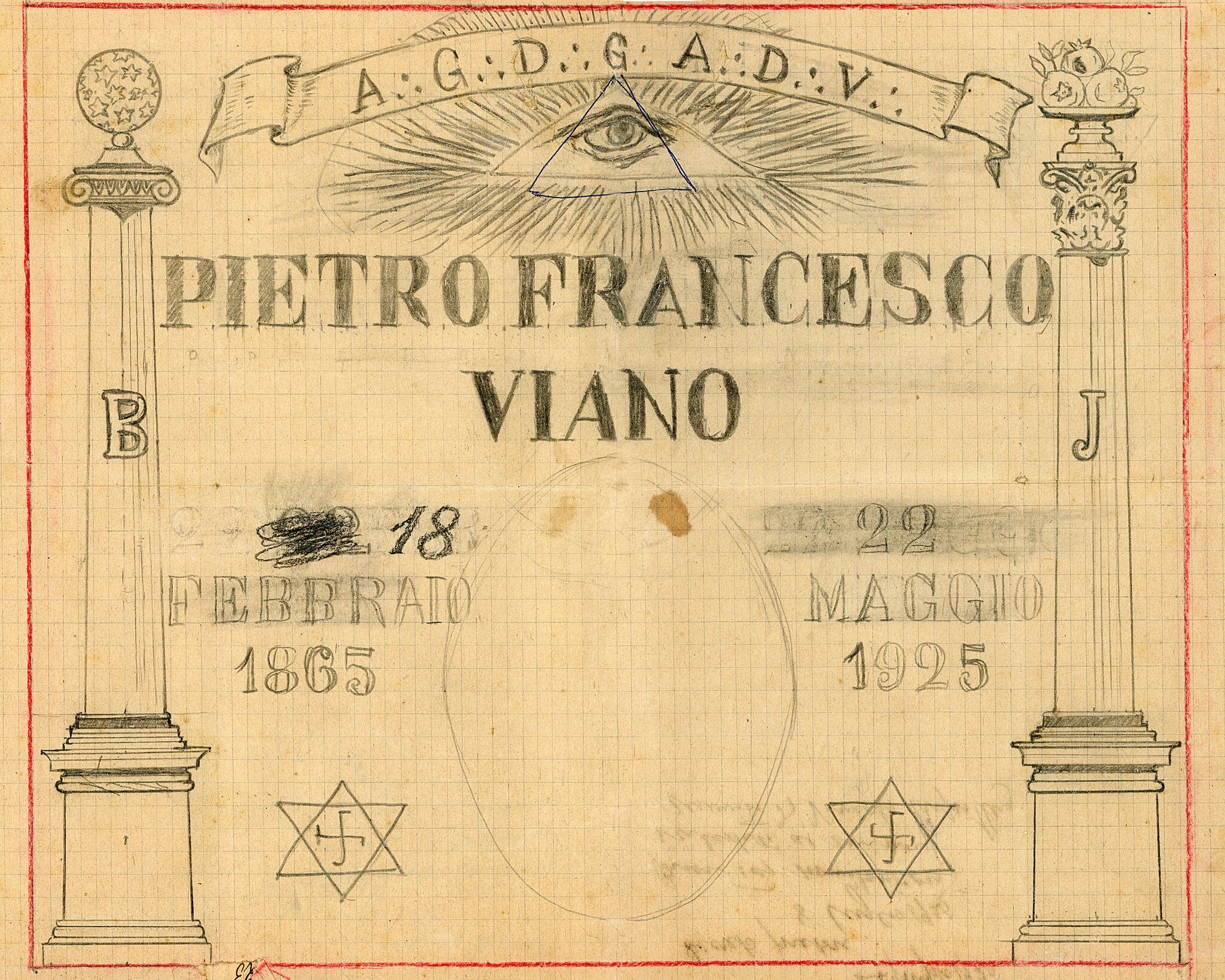 (Image courtesy of the Viani Family Collection
P.F. “Frenchy” Vian had been a Freemason since 1890. After he died in 1925, his nephew, Gìo, created this design, with Freemason symbols, for Frenchy’s headstone.