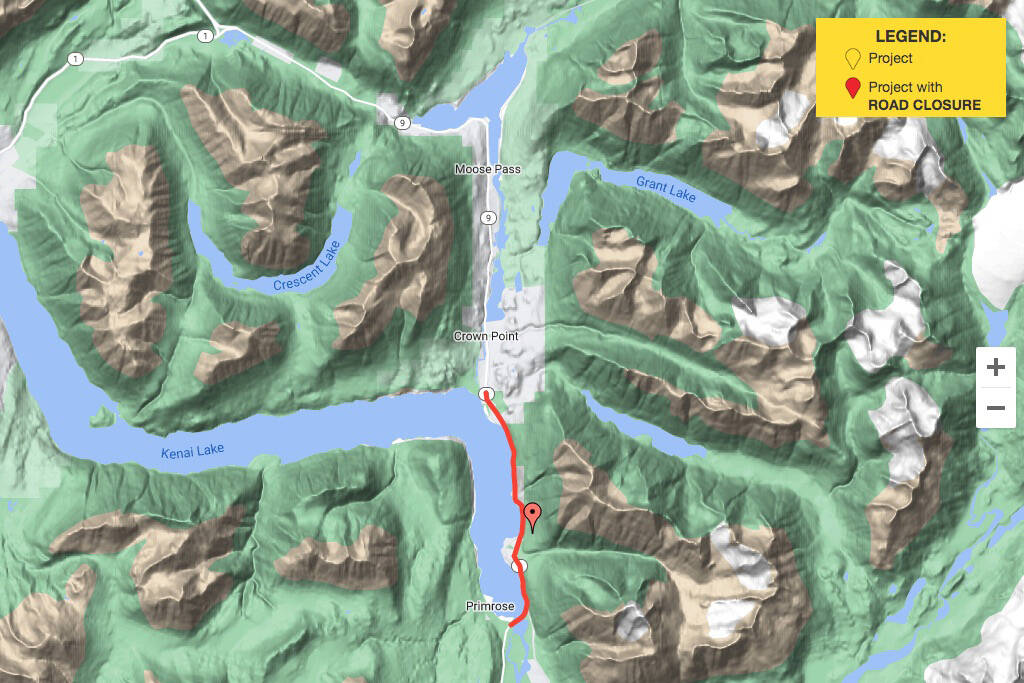 A map shows the Seward Highway MP 17-22.5 Rehabilitation Project area. The Seward Highway between Mileposts 17 and 22.5 — from about Primrose Campground to near Teddy’s Inn The Woods — will be closed from 8 p.m. and 5 a.m. on Mondays and Wednesday starting July 18, 2022. (Screenshot)