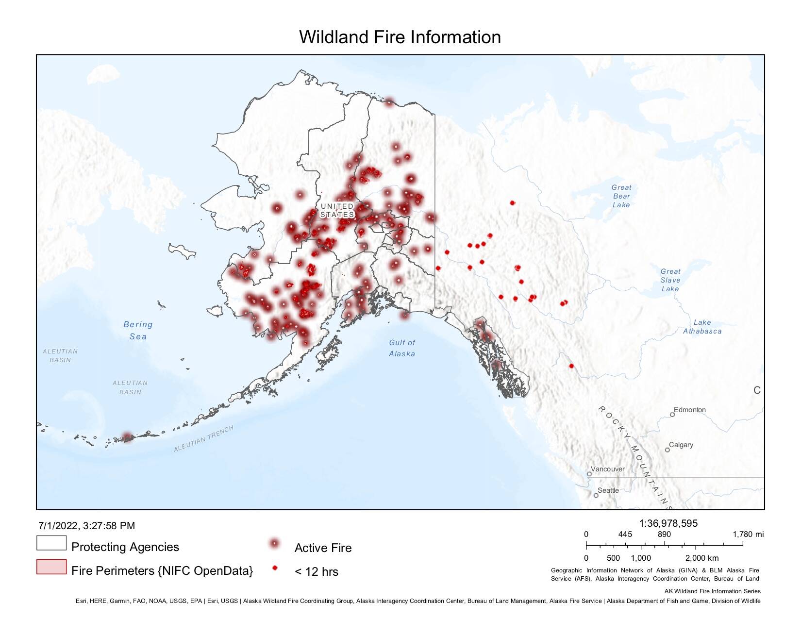 A map shows active fires around the state of Alaska on Friday, July 1, 2022. (Screenshot from Alaska Wildland Fire Information Map)