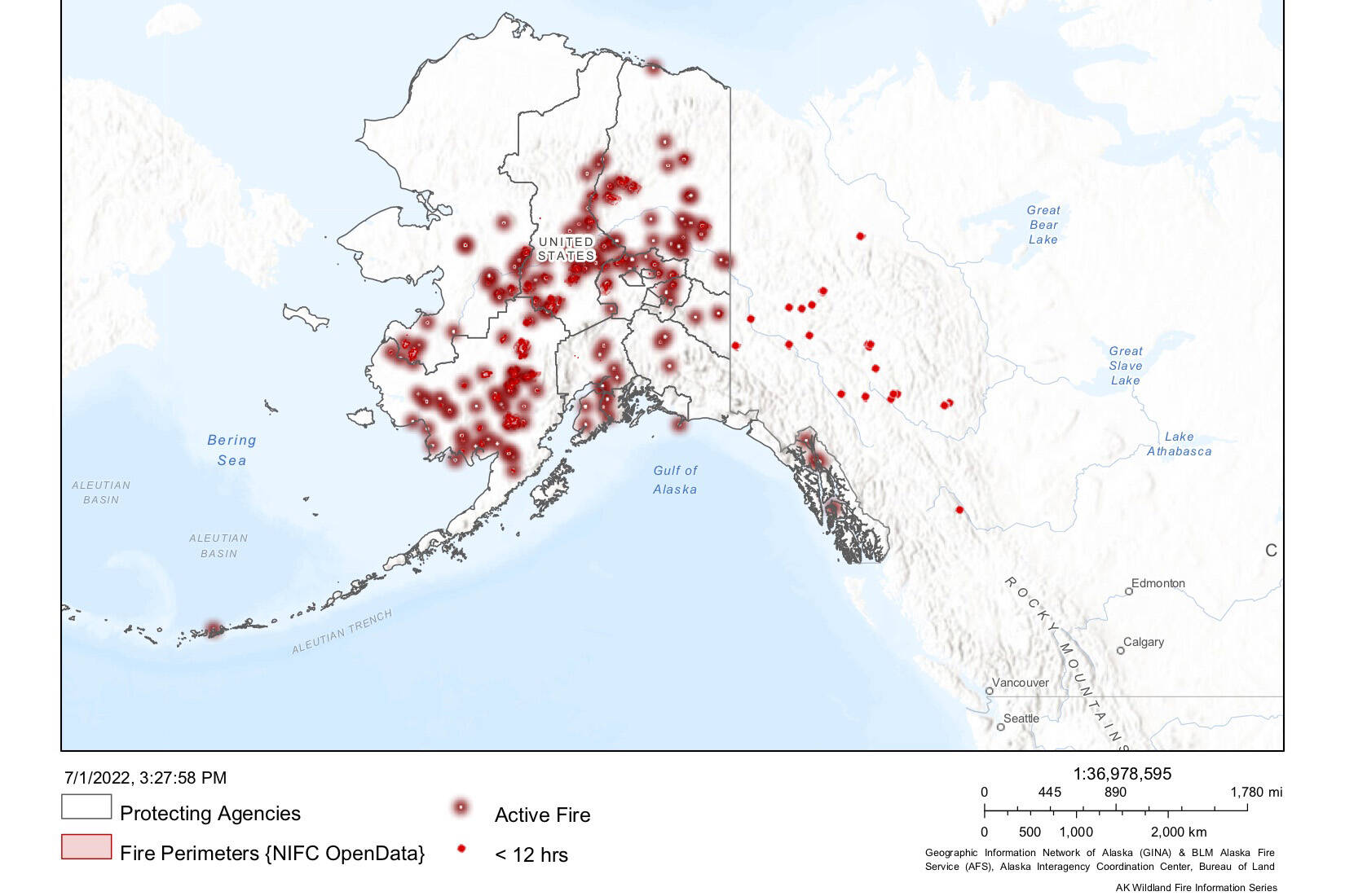 A map shows active fires around the state of Alaska on Friday, July 1, 2022. (Screenshot from Alaska Wildland Fire Information Map)