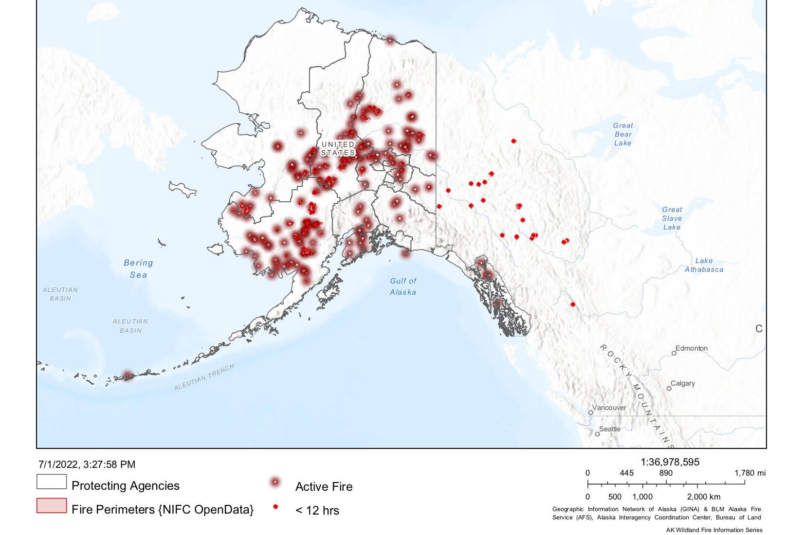 A map shows active fires around the state of Alaska on Friday, July 1, 2022. (Screenshot from Alaska Wildland Fire Information Map)