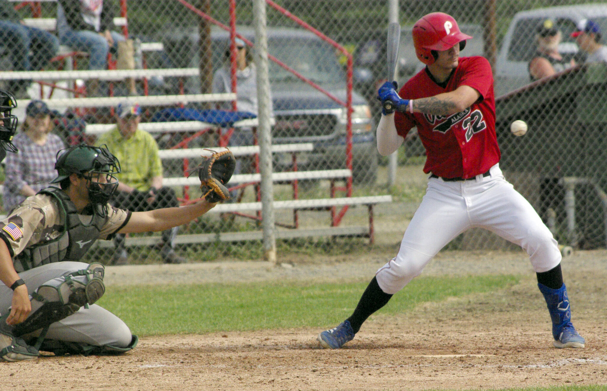 Oilers hitter Dalton Bowling holds up on a high pitch against the Mat-Su Miners on Sunday, July 3, 2022, at Coral Seymour Memorial Park in Kenai, Alaska. (Photo by Jeff Helminiak/Peninsula Clarion)