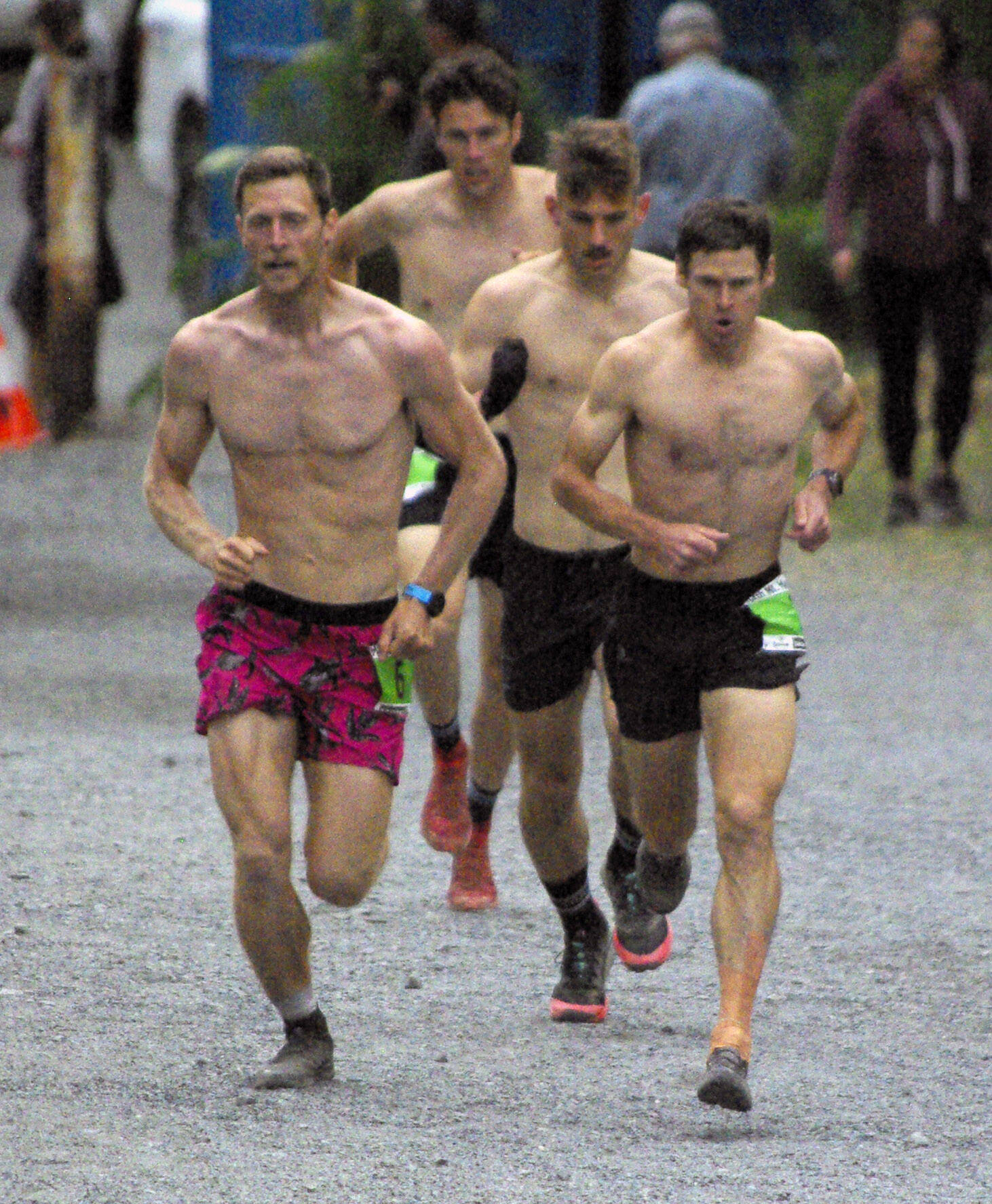 Lars Arneson and Max King race in the lead pack at the men’s Mount Marathon Race on Monday, July 4, 2022, in Seward, Alaska. King won, while Arneson was third. (Photo by Jeff Helminiak/Peninsula Clarion)