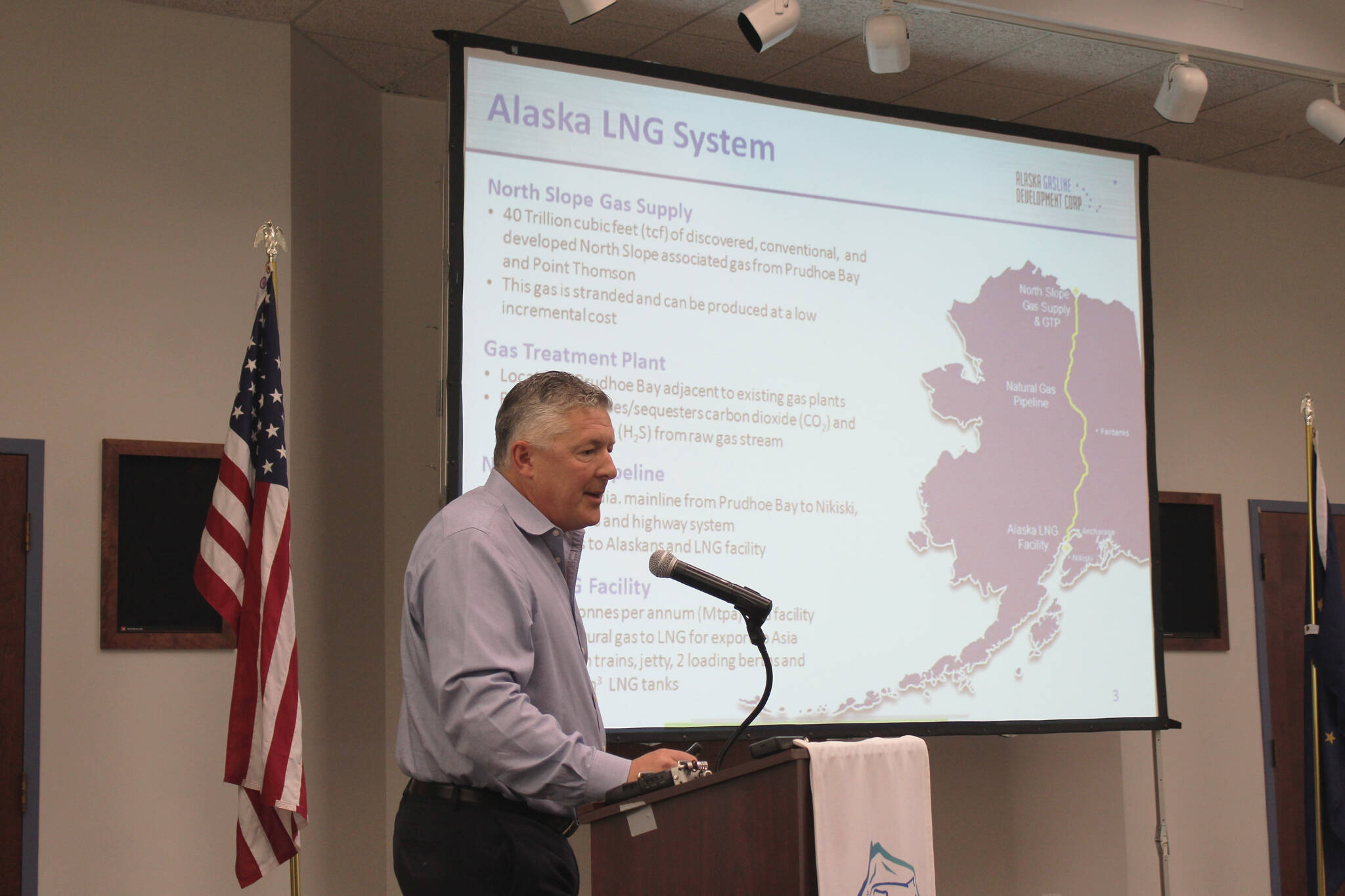 Alaska LNG Project Manager Brad Chastain presents information about the project during a luncheon at the Kenai Chamber Commerce and Visitor Center on Wednesday, July 6, 2022, in Kenai, Alaska. (Ashlyn O’Hara/Peninsula Clarion)
