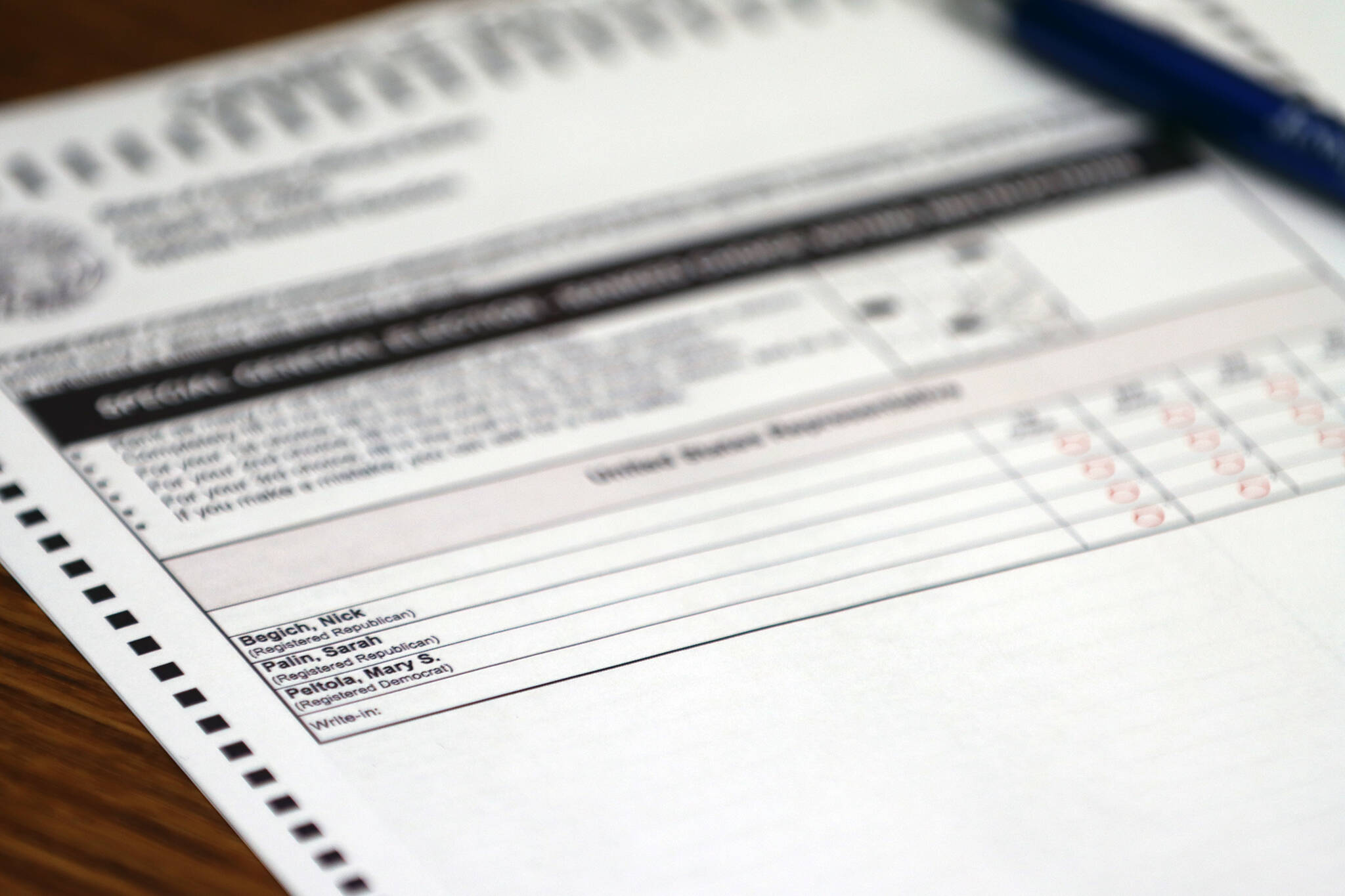 This photo shows a sample ballot for the Aug. 16 special general election to determine who will fill the months remaining on Don Young’s term in the U.S. House of Representatives. Alaska’s longtime representative died in March. The three candidates vying to fill Young’s term are also among those running for a full two-year term and will appear on primary ballot the same day. (Ben Hohenstatt / Juneau Empire)