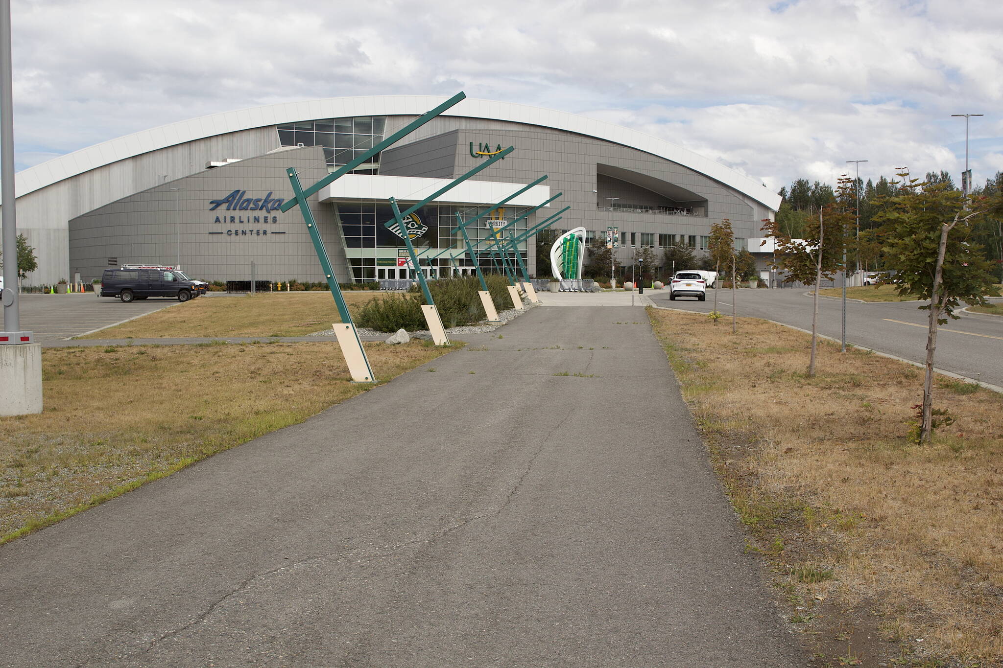 Mark Sabbatini / Juneau Empire
A walkway outside the Alaska Airlines Center in Anchorage is desolate 24 hours before the first speaker is scheduled to speak at 1 p.m. Saturday during the Save America Rally, which is scheduled to feature former President Donald Trump at 4 p.m. Admission to the 5,000-seat arena is first-come first-served, with the official line waiting period beginning at 6 a.m. and the doors opening at 11 a.m.