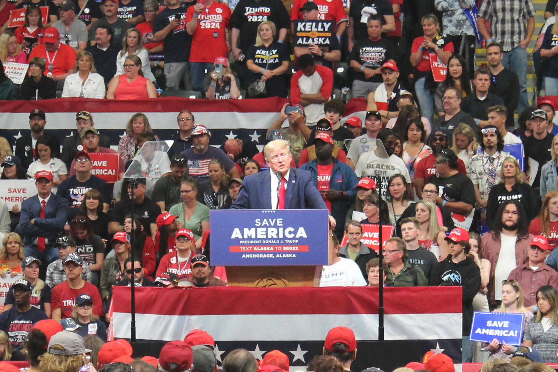 Donald Trump addresses attendees at a Save America rally on Saturday, July 9, 2022, in Anchorage, Alaska. (Ashlyn O’Hara/Peninsula Clarion)
