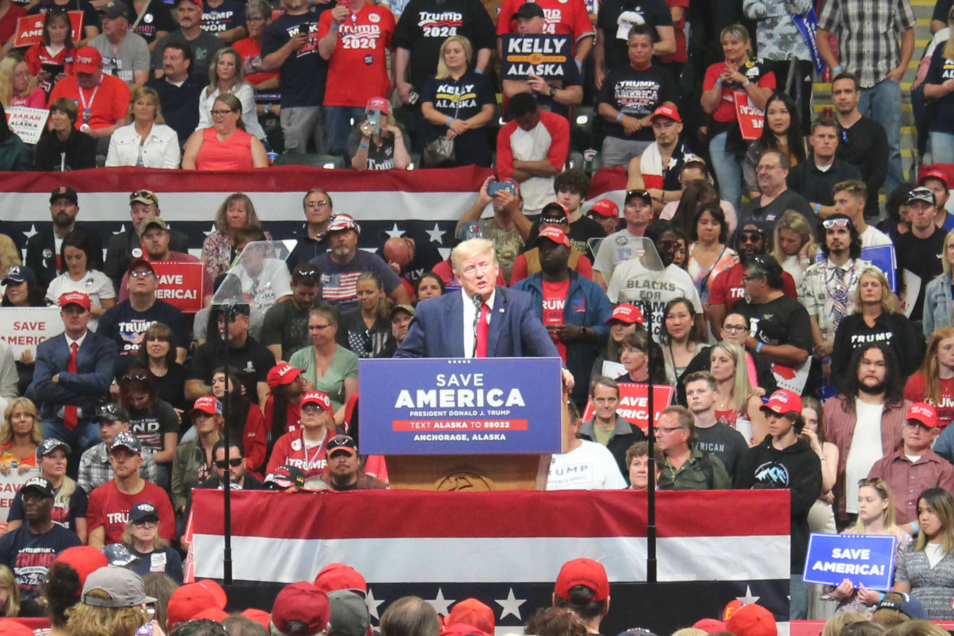 Donald Trump addresses attendees at a Save America rally on Saturday, July 9, 2022, in Anchorage, Alaska. (Ashlyn O’Hara/Peninsula Clarion)