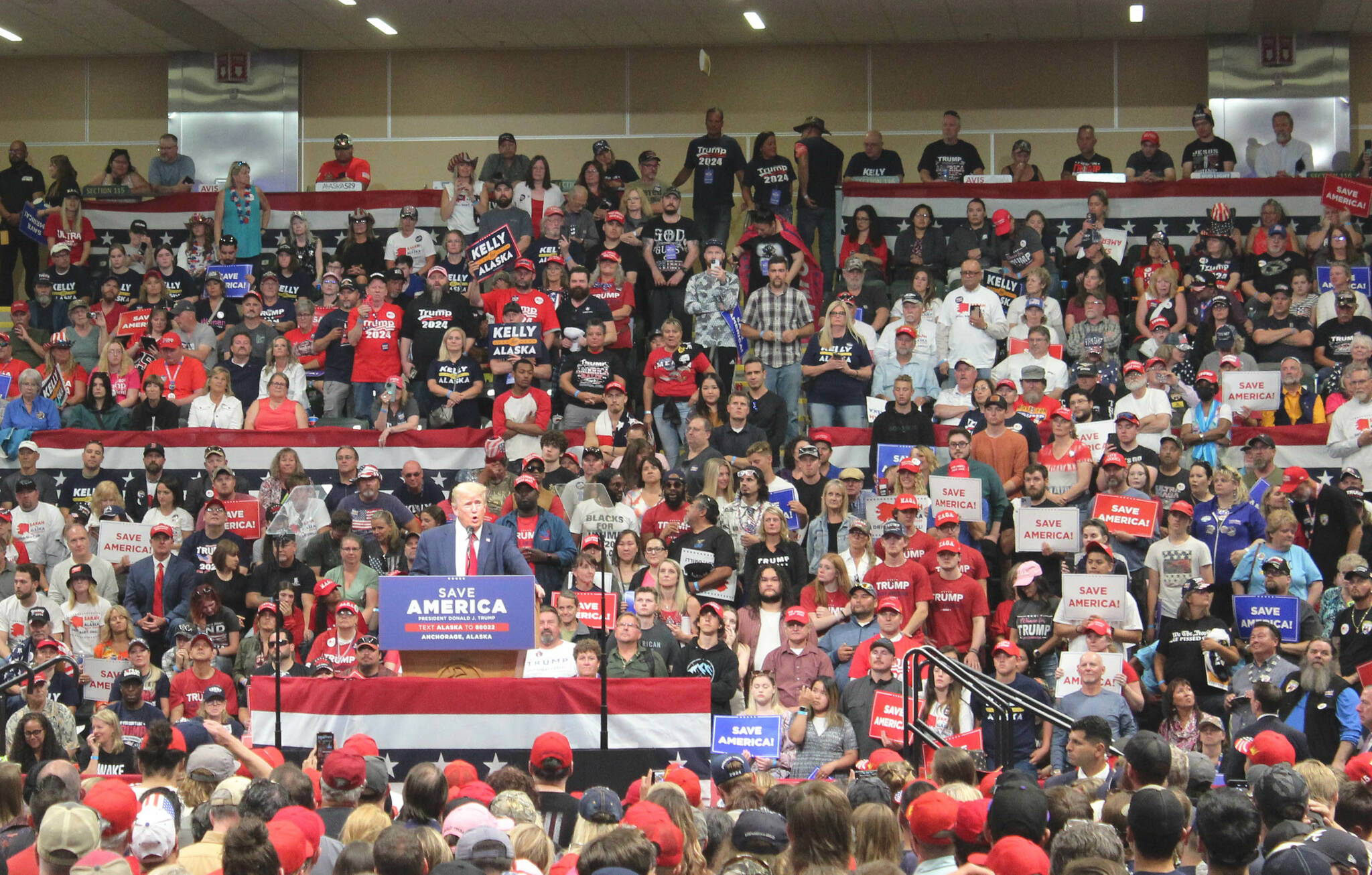 Donald Trump addresses attendees at a Save America rally on Saturday, July 9, 2022, in Anchorage, Alaska. (Ashlyn O’Hara/Peninsula Clarion)