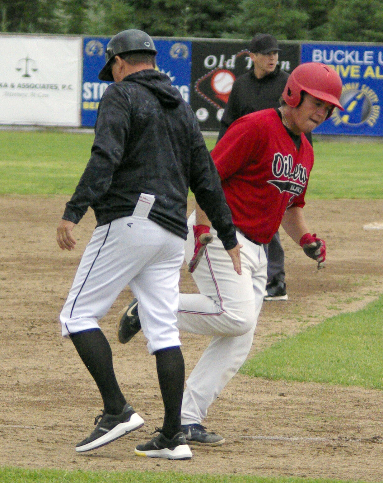Jacob Shaver of the Oilers rounds third base after hitting a two-run home run in the sixth inning against the Chugiak-Eagle River Chinooks on Sunday, July 10, 2022, at Coral Seymour Memorial Park in Kenai, Alaska. (Photo by Jeff Helminiak/Peninsula Clarion)