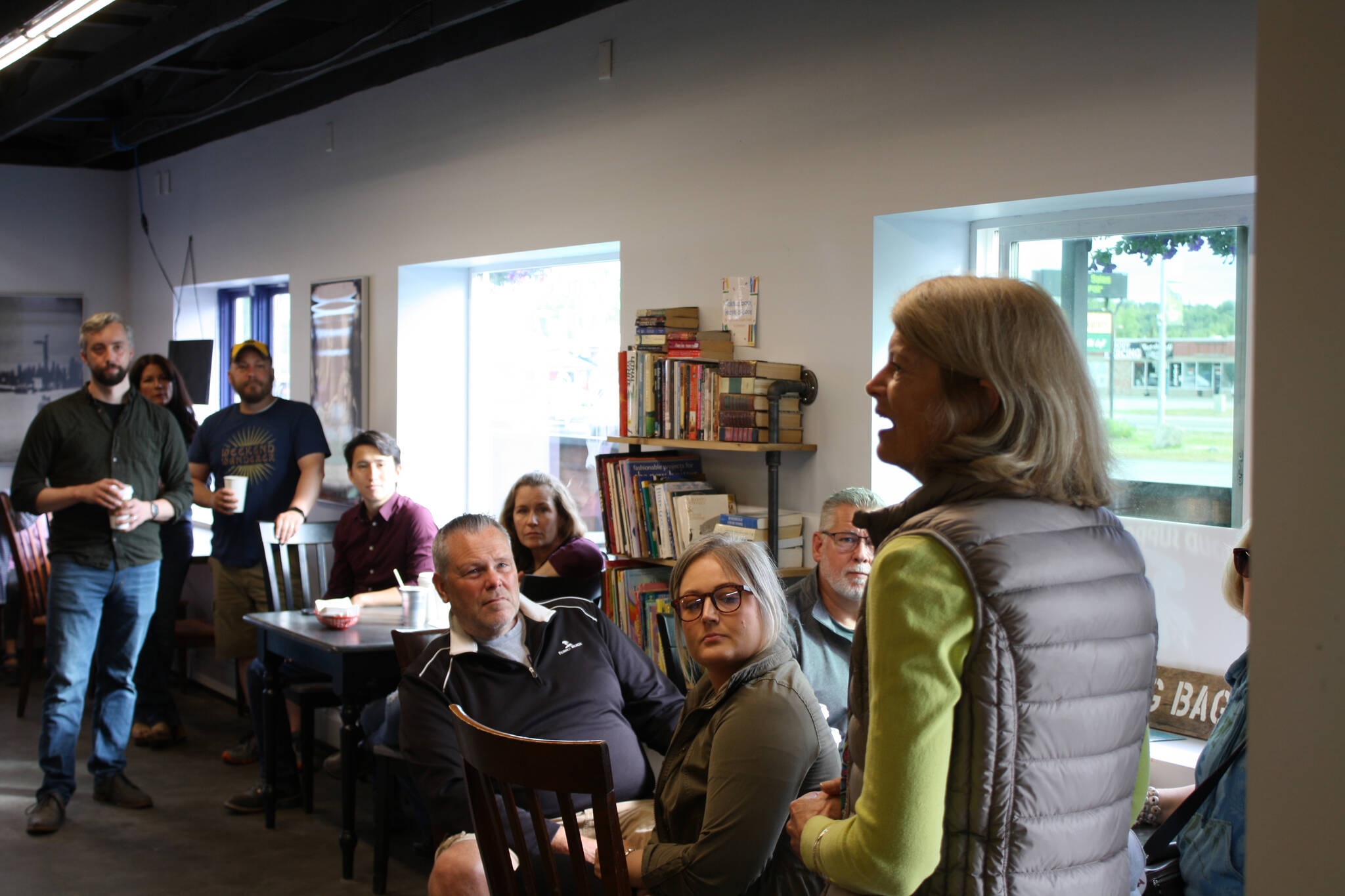 Community members gather for a meet-and-greet with Sen. Lisa Murkowski at Everything Bagels in Soldotna, Alaska, on Saturday, July 9, 2022. (Camille Botello/Peninsula Clarion)