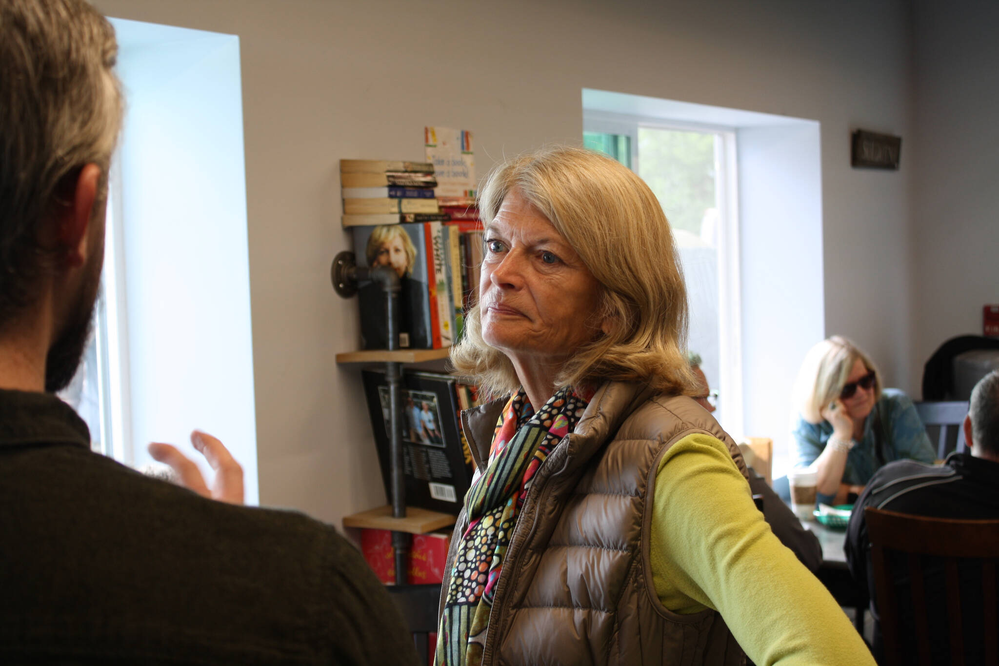 Community members gather for a meet-and-greet with Sen. Lisa Murkowski at Everything Bagels in Soldotna, Alaska, on Saturday, July 9, 2022. (Camille Botello/Peninsula Clarion)