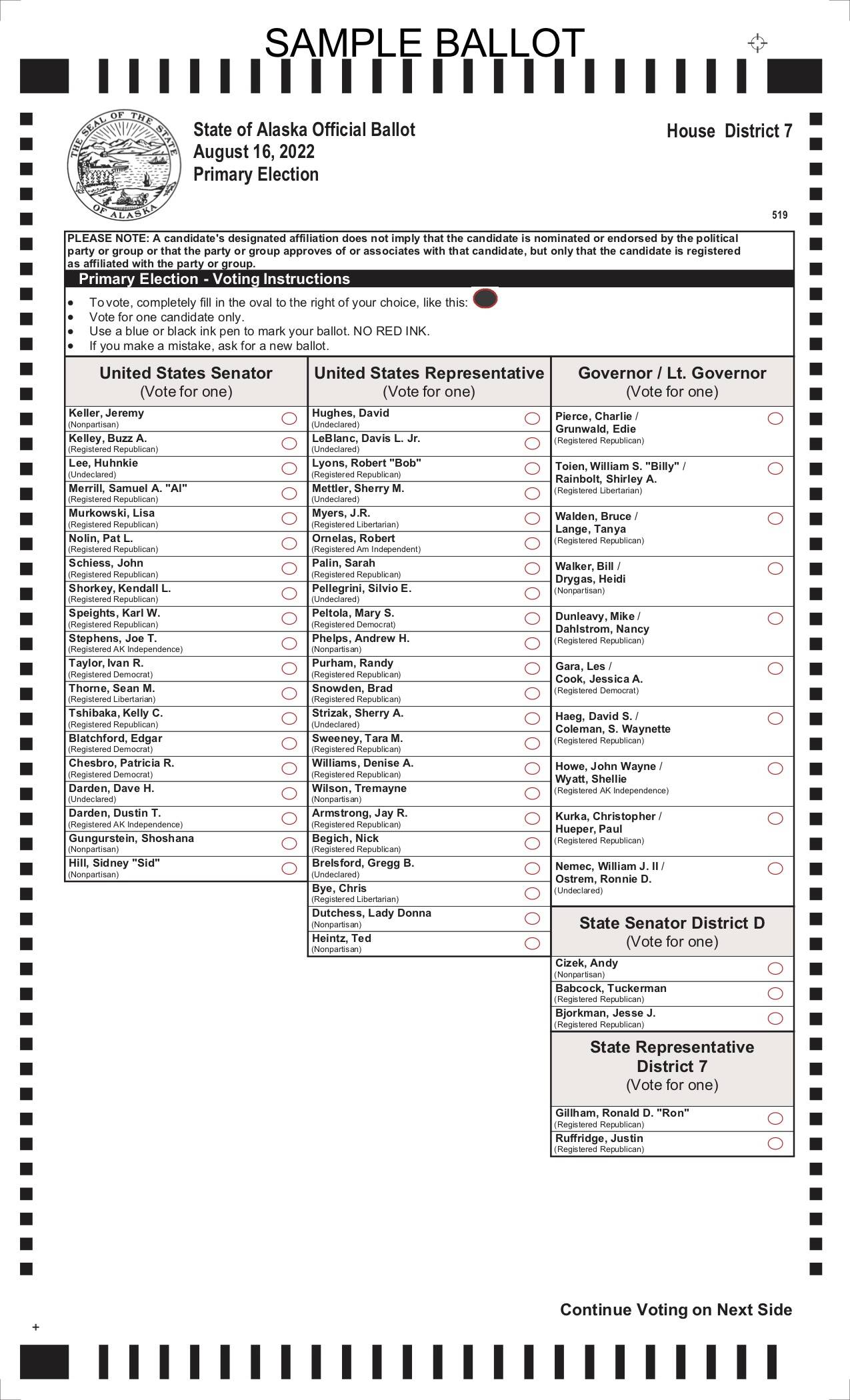 A sample ballot for the Aug. 16, 2022, Alaska regular primary election for House District 7. (Courtesy Alaska Division of Elections)