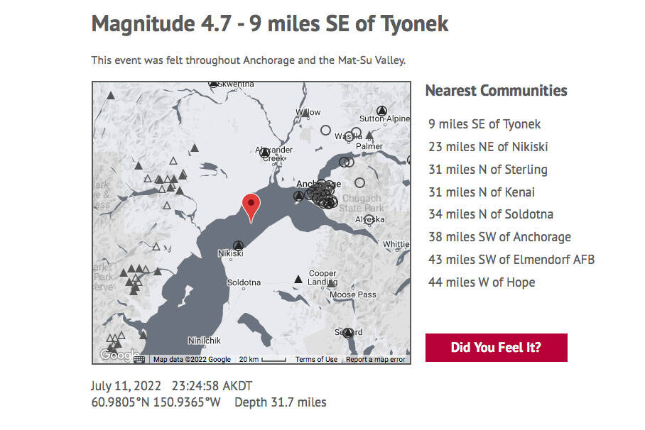 The University of Alaska Fairbanks Alaska Earthquake Center reported a preliminary magnitude 4.7 earthquake at approximately 11:25 p.m. on Monday, July 22, 2022. (Screenshot)