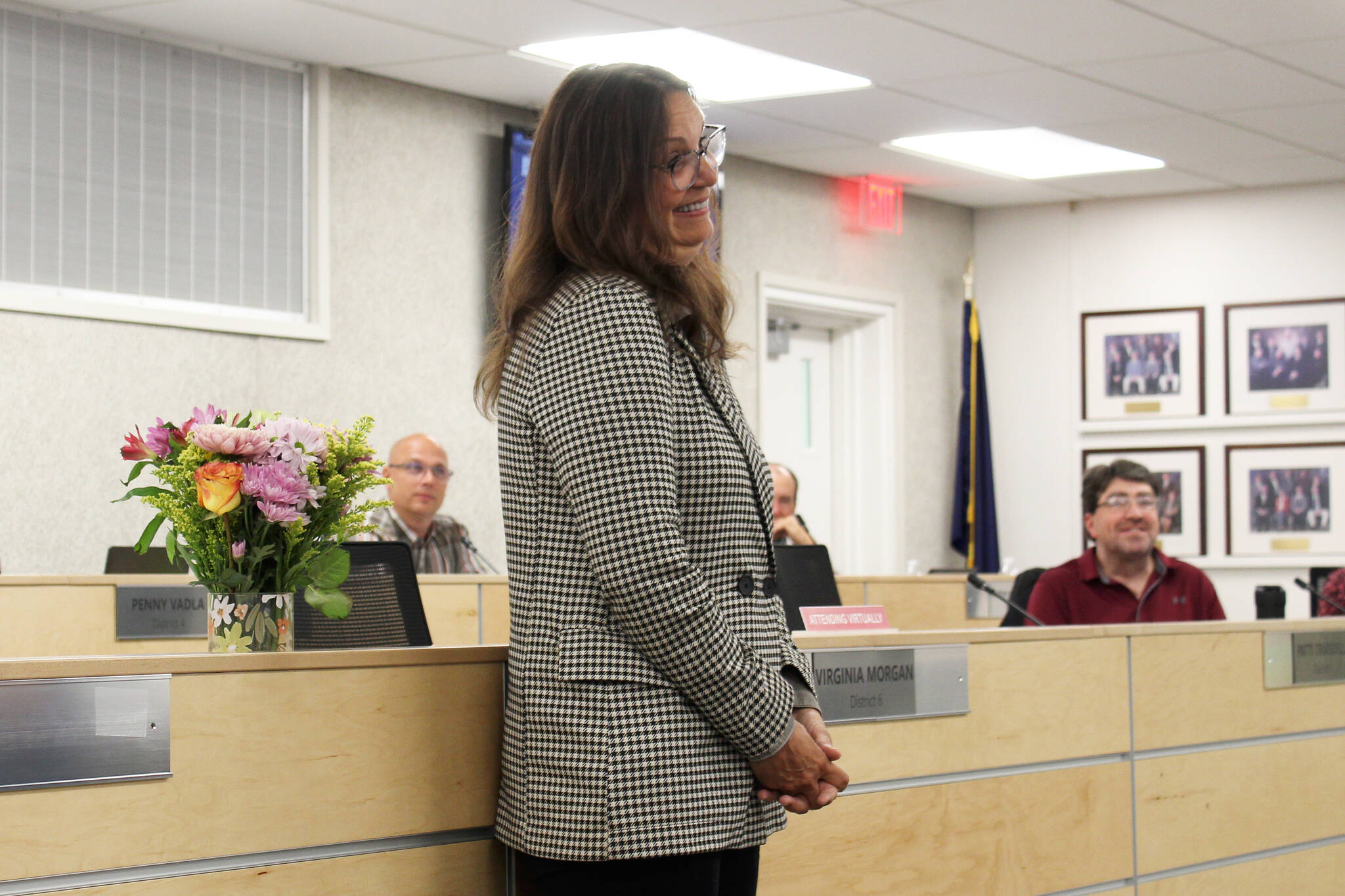 Lisa Gabriel is honored for her 28 years of service to the Kenai Peninsula Borough School District during a Board of Education meeting on Monday, July 11, 2022, in Soldotna, Alaska. (Ashlyn O’Hara/Peninsula Clarion)