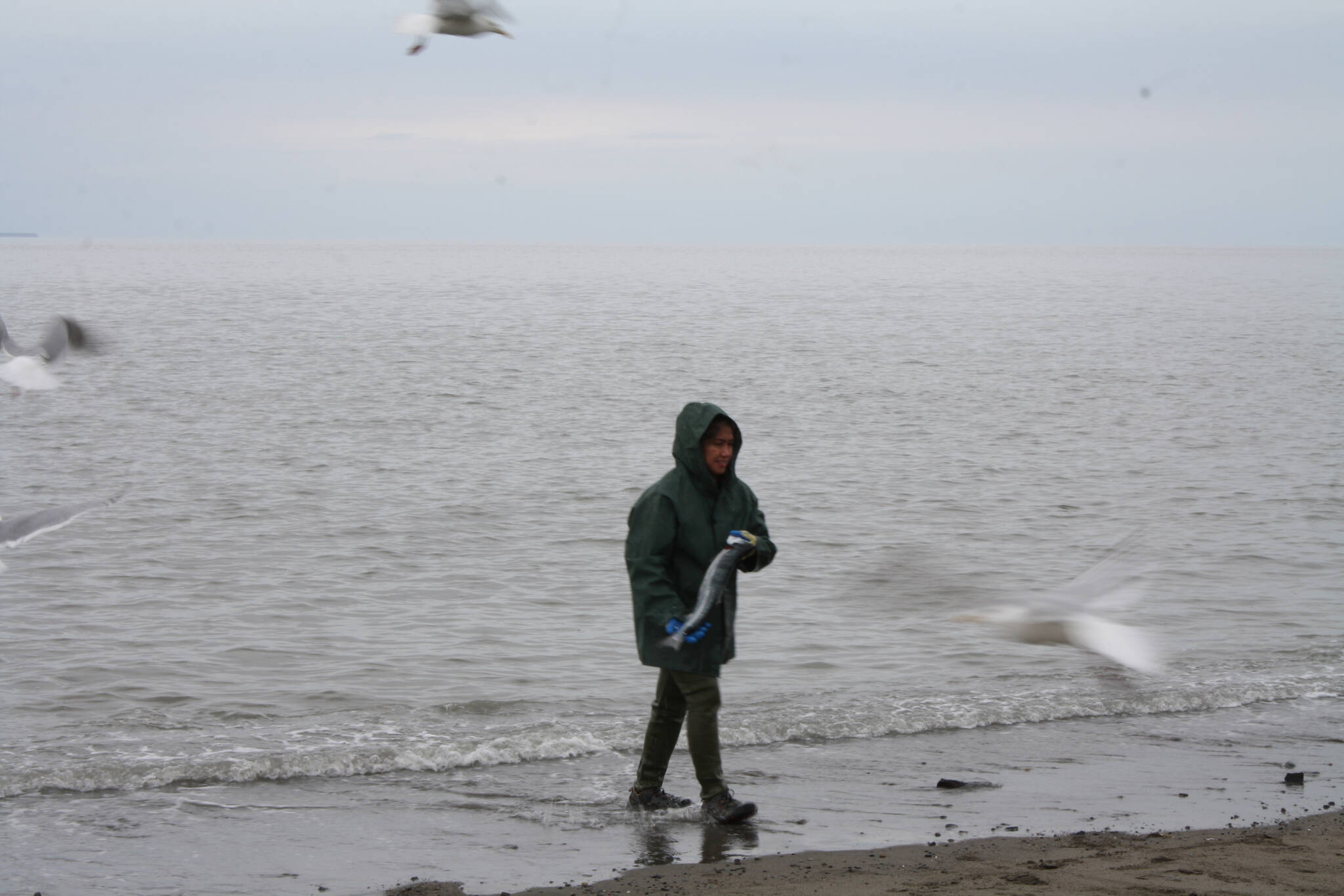 Yvette Pace fishes at North Kenai Beach on Tuesday, July 12, 2022. (Camille Botello/Peninsula Clarion)